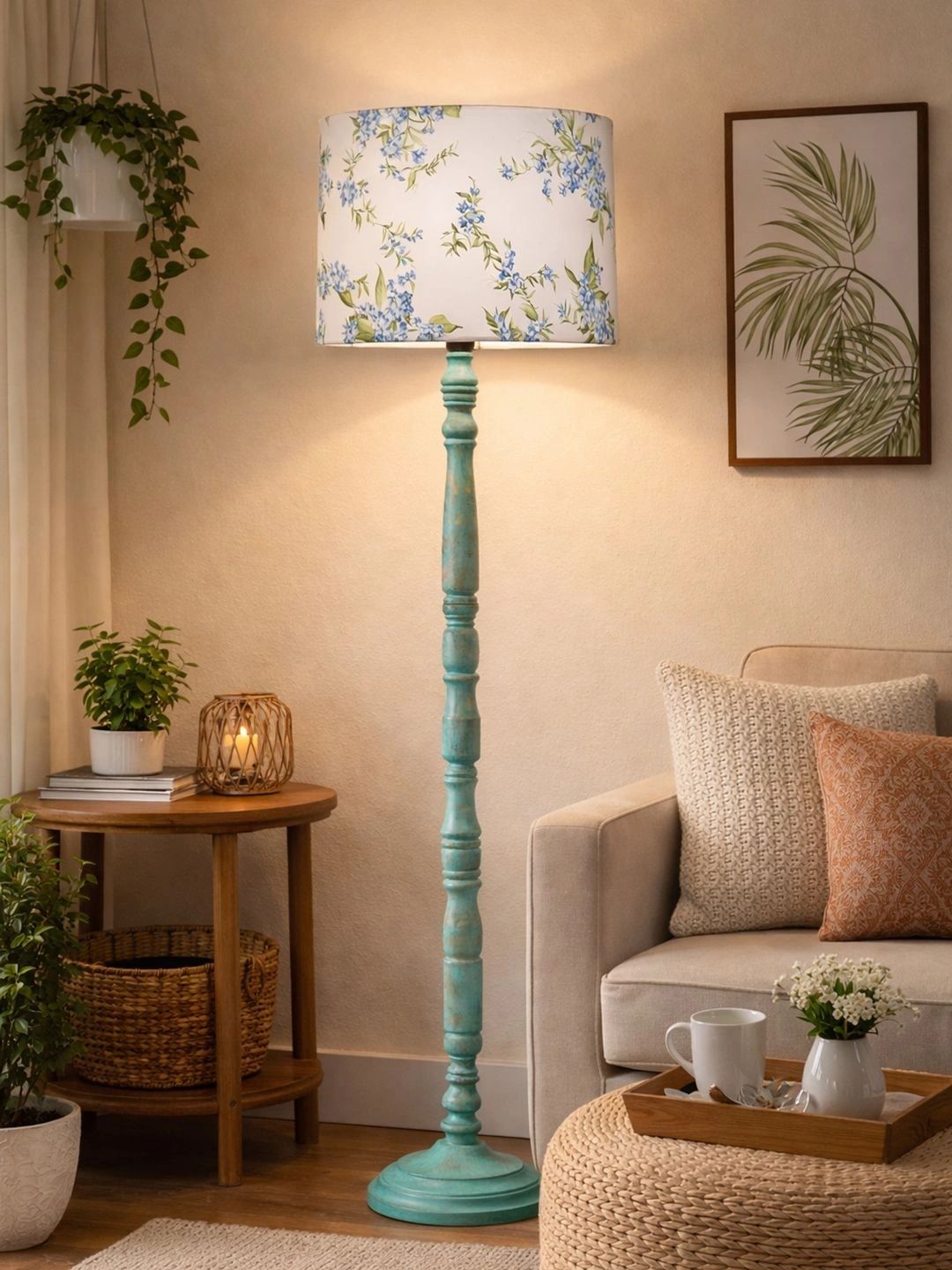Decorcity White & Turquoise Blue Floral Printed Wooden Floor Lamps-picture-43