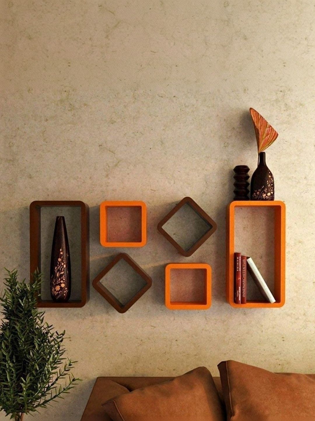 TFS TRADERS Orange & Brown MDF Wall Shelf with Keyholders-picture-49