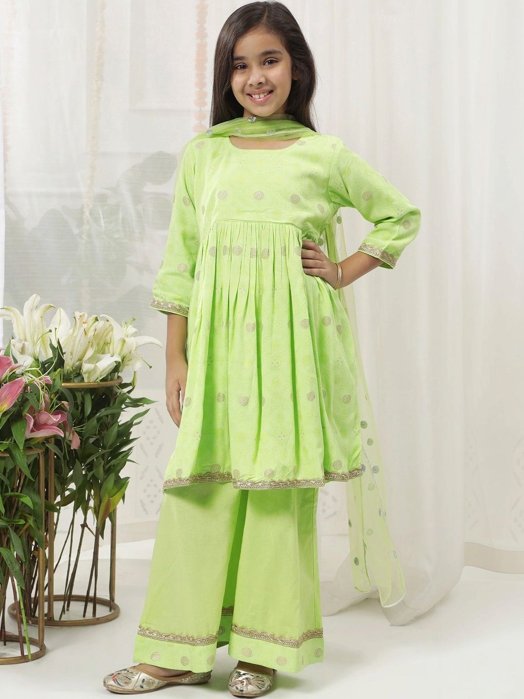 Little Bansi Girls Embroidered Pleated Pure Cotton Kurta with Sharara & With Dupatta-picture-13