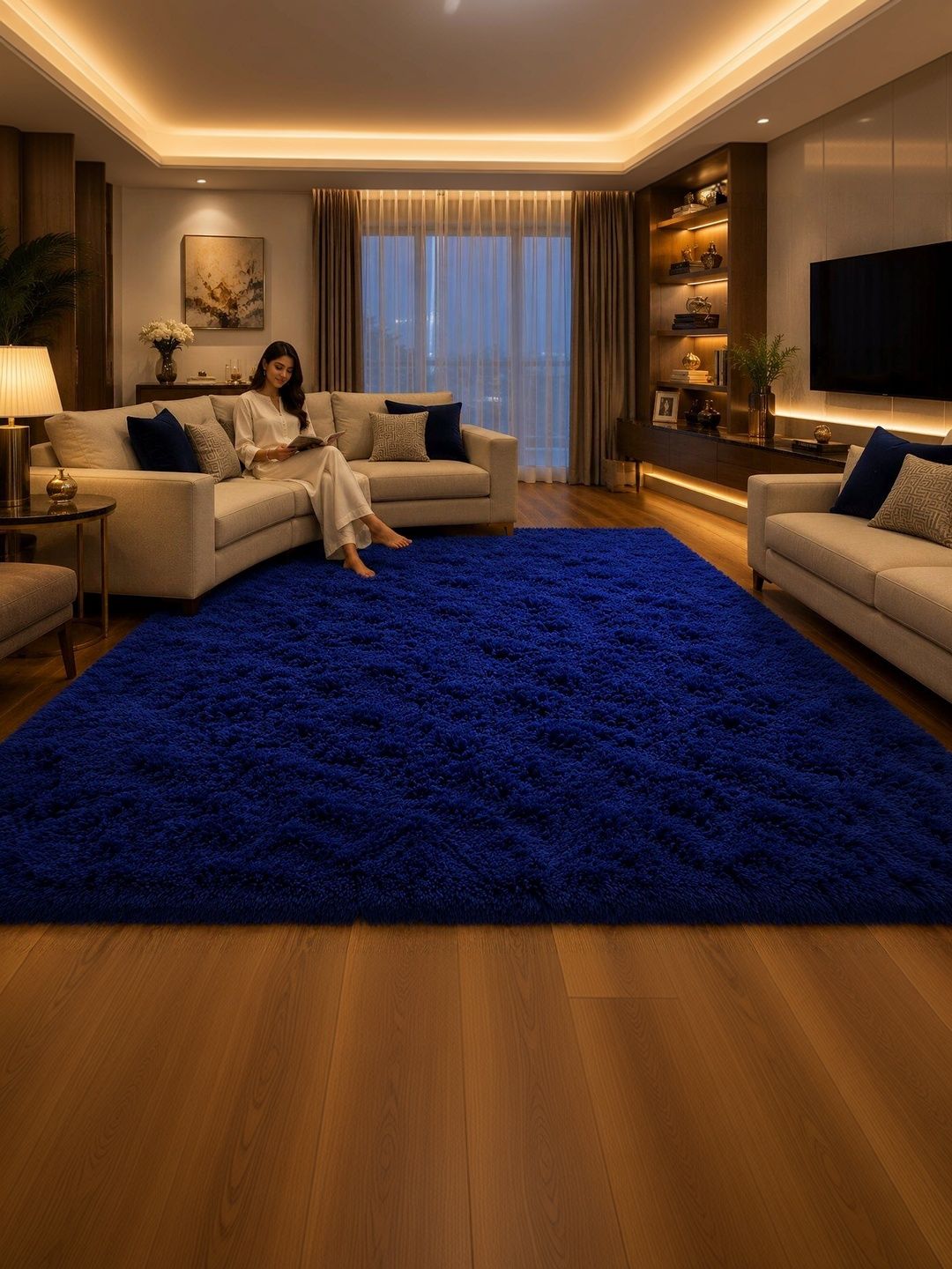 KAYNAT CARPET Blue Solid Shaggy Woollen Carpet-picture-15