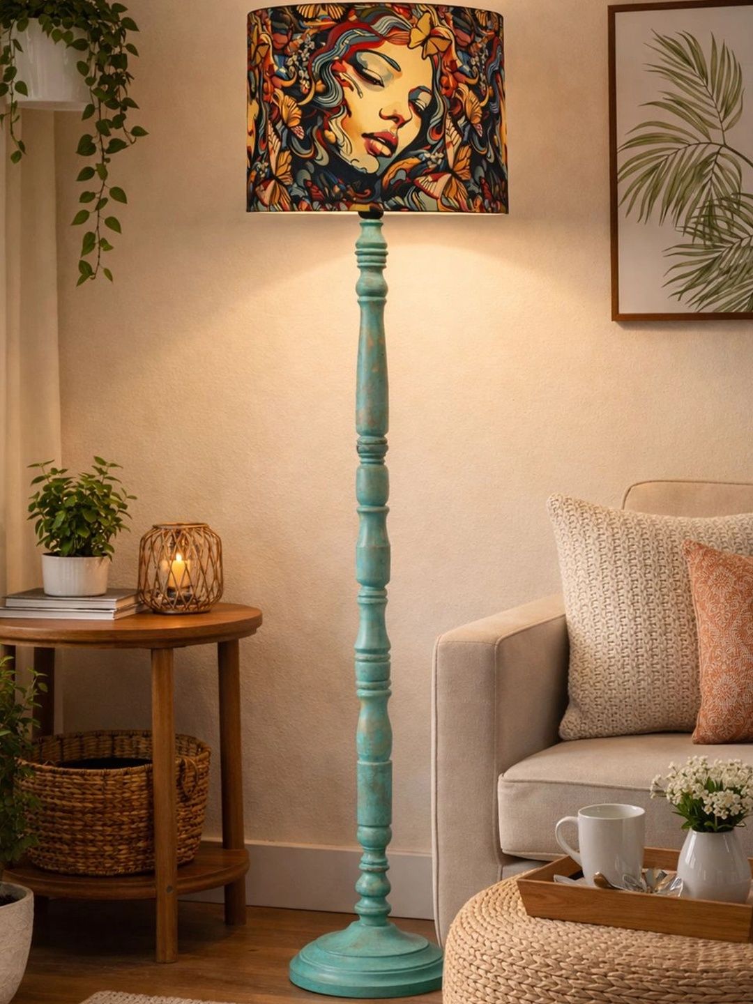 Decorcity Brown & Teal Floral Printed Wooden Floor Lamps-picture-50