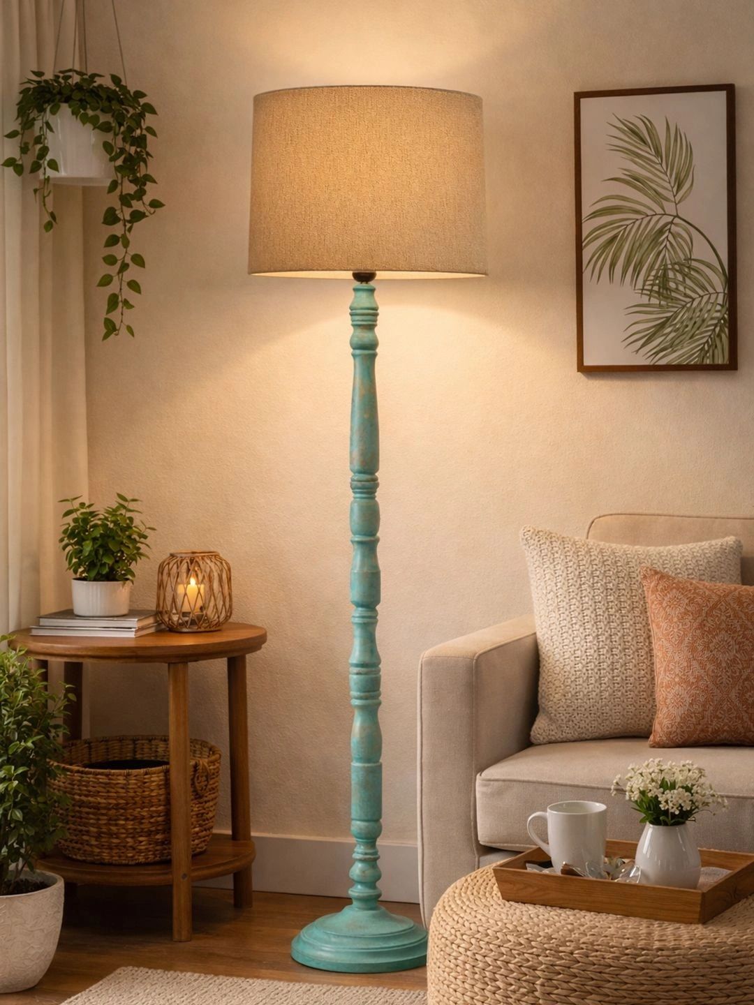 Decorcity Beige & Teal Floral Printed Wooden Floor Lamps-picture-48