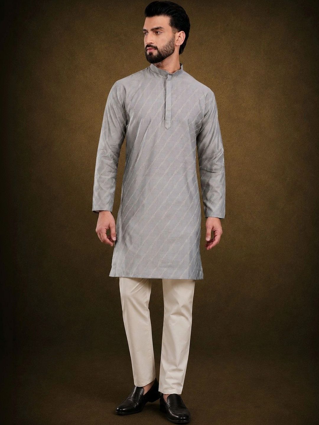 ADHIRAJAN Men Regular Pure Silk Kurta with Trousers-picture-46