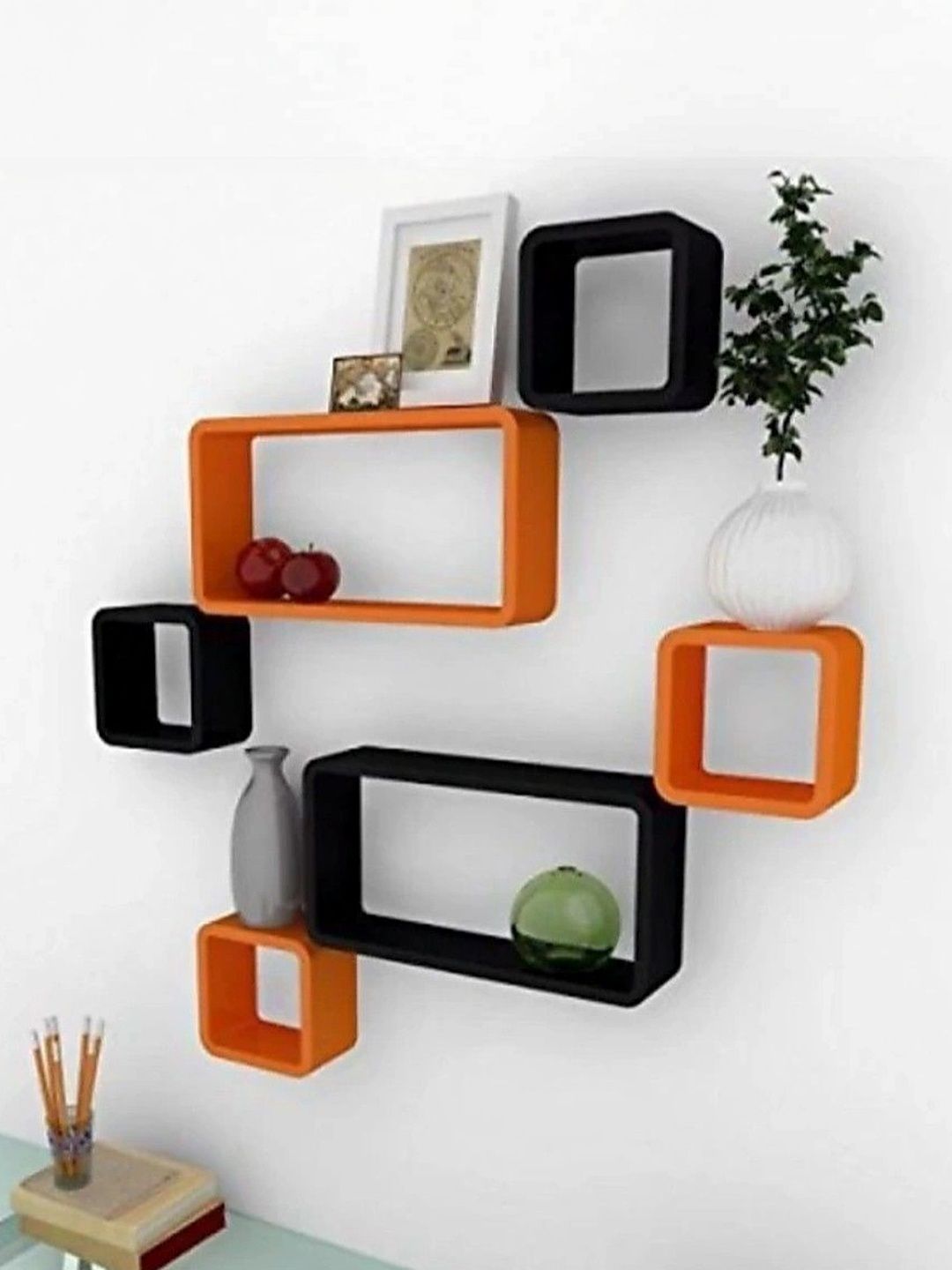 TFS TRADERS Orange & Black MDF Wall Shelf with Keyholders-picture-23