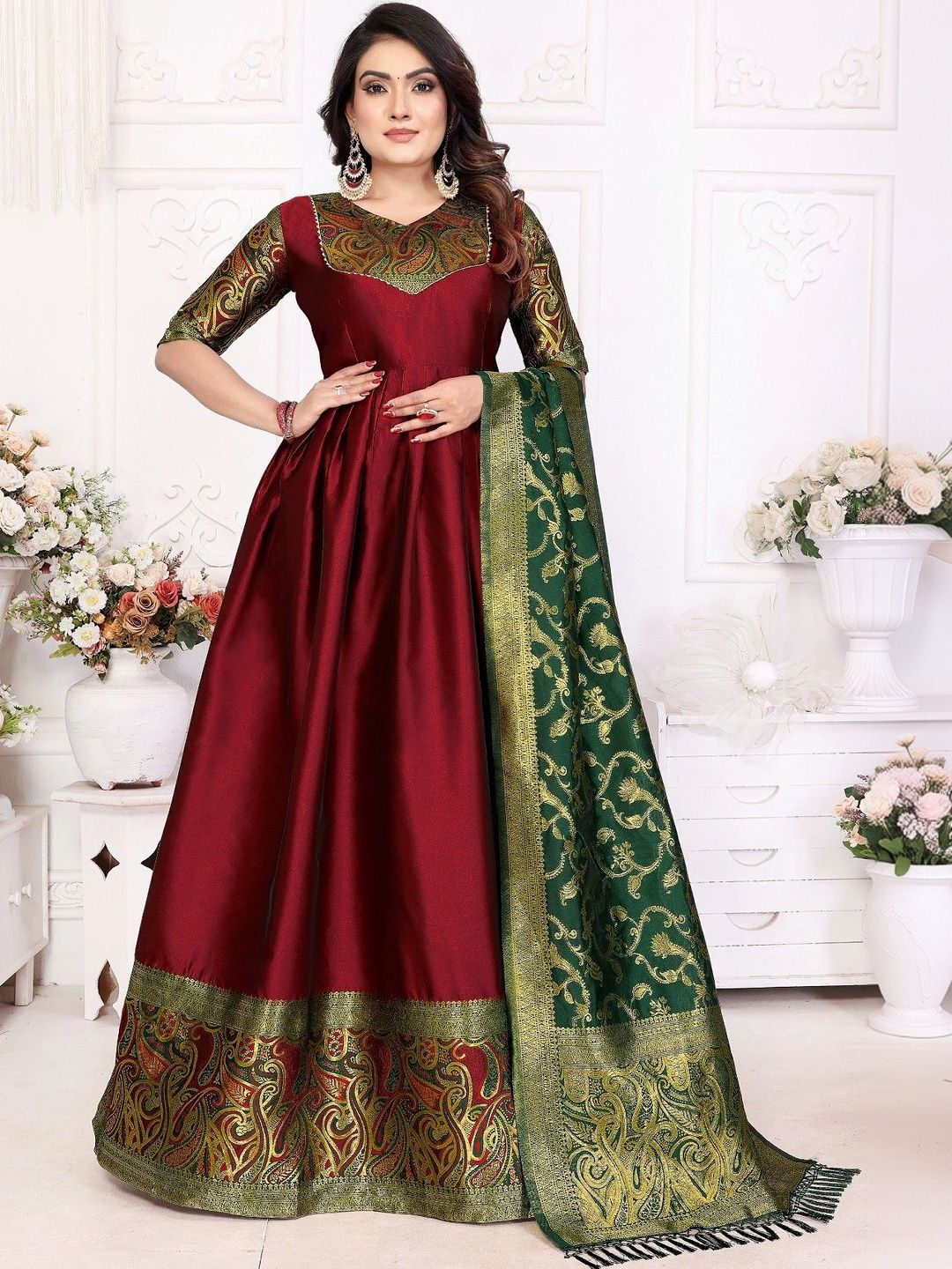 Kinjhit Fashion Embellished V-Neck Fit & Flare Ethnic Dresses With Dupatta-picture-19