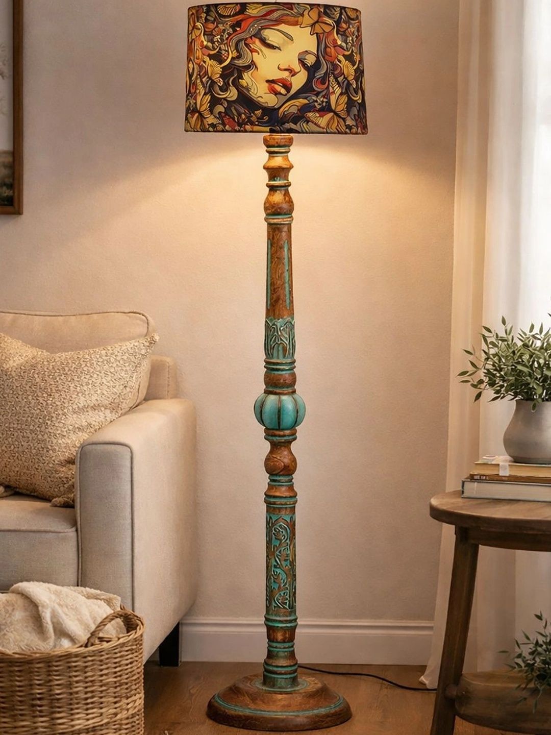 Decorcity Brown & Teal Floral Printed Wooden Floor Lamps-picture-35