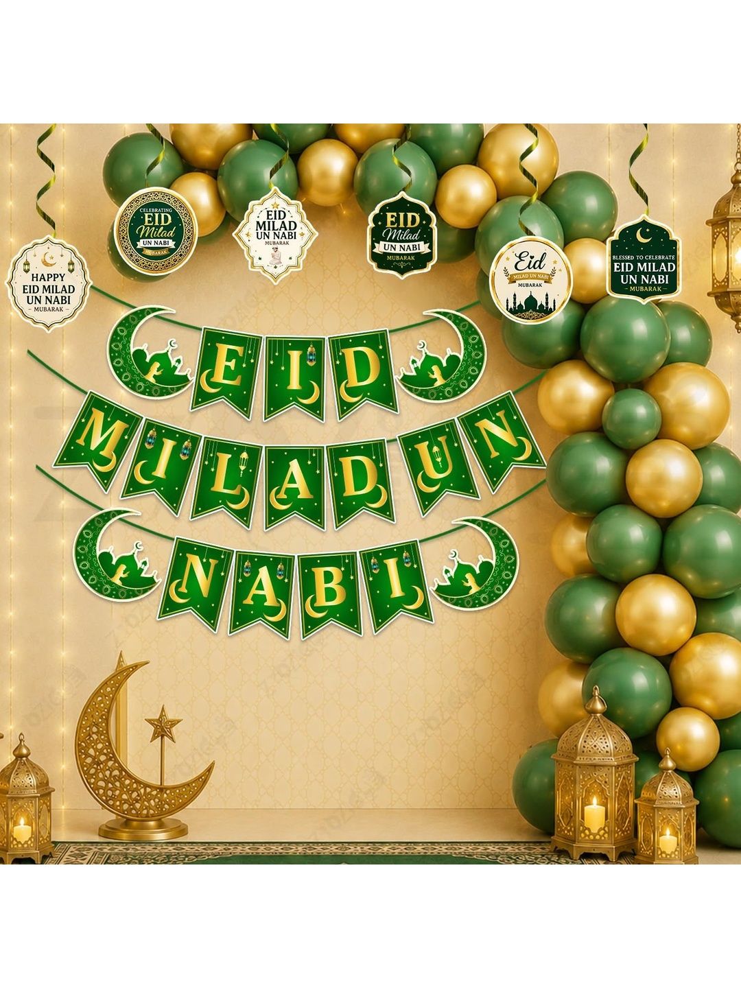 ZYOZI 59-Pcs Green Glossy Reusable Festive Decor - Milad Un Nabi Decorations Kit-picture-10