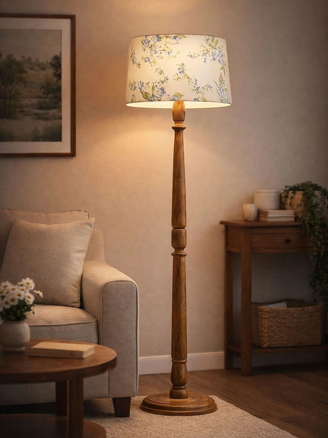 Decorcity White & Brown Floral Printed Wooden Floor Lamps-picture-56