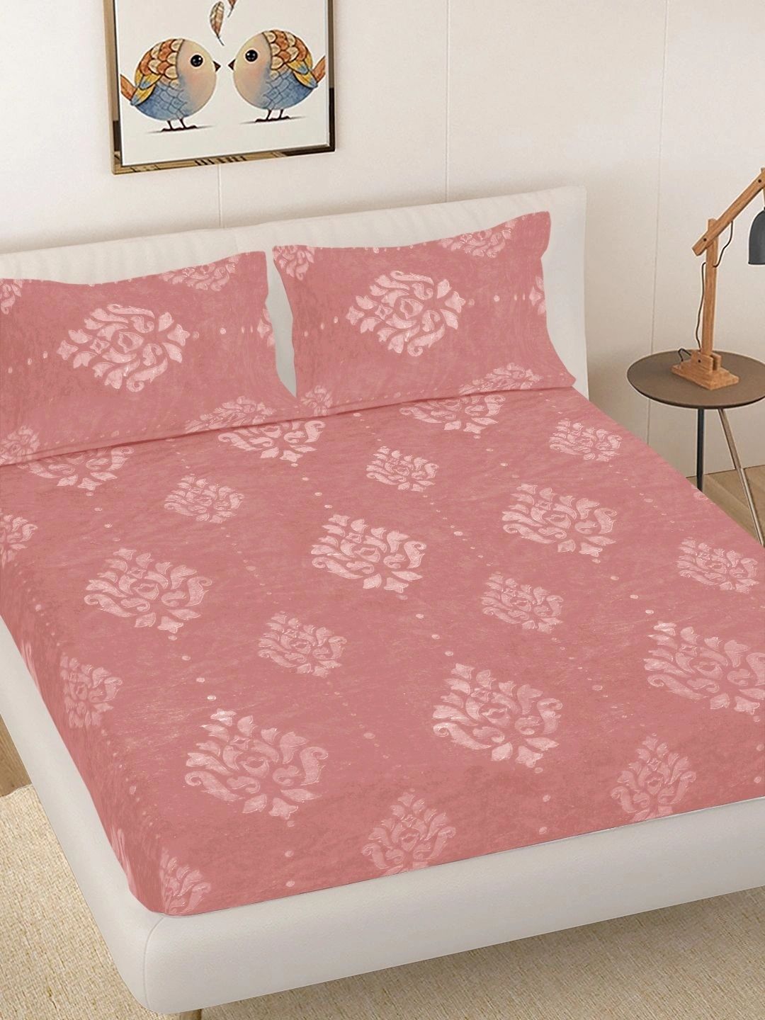 FABINALIV Peach-Coloured & White Floral 300 TC King Bedsheet with 2 Pillow Covers-picture-36