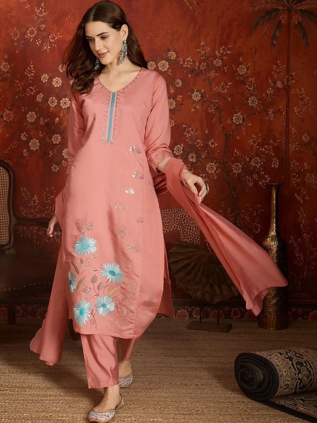 Maroosh Women Floral Embroidered Regular Thread Work Kurta with Trousers & With Dupatta-picture-29