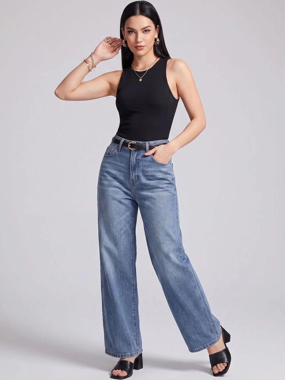 DressBerry Women Comfort Wide Leg High-Rise Low Distress Stretchable Jeans-picture-29