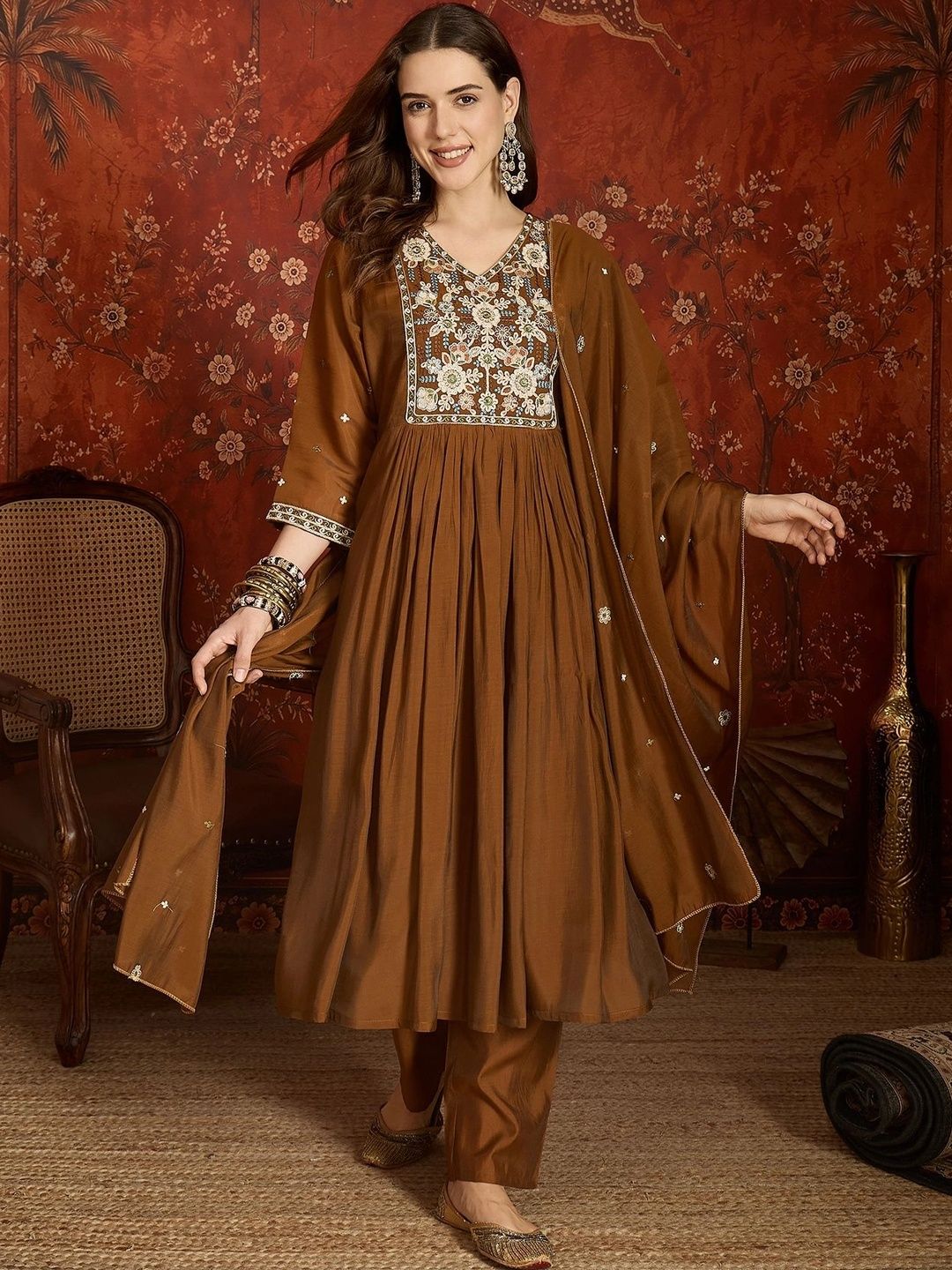 Maroosh Women Floral Embroidered Empire Thread Work Chanderi Cotton Kurta with Trousers & With Dupatta-picture-14