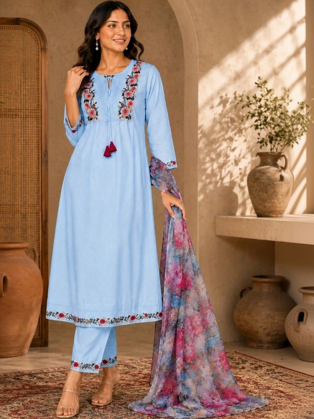 Sangria Women Floral Embroidered Regular Thread Work Kurta with Trousers & With Dupatta-picture-12