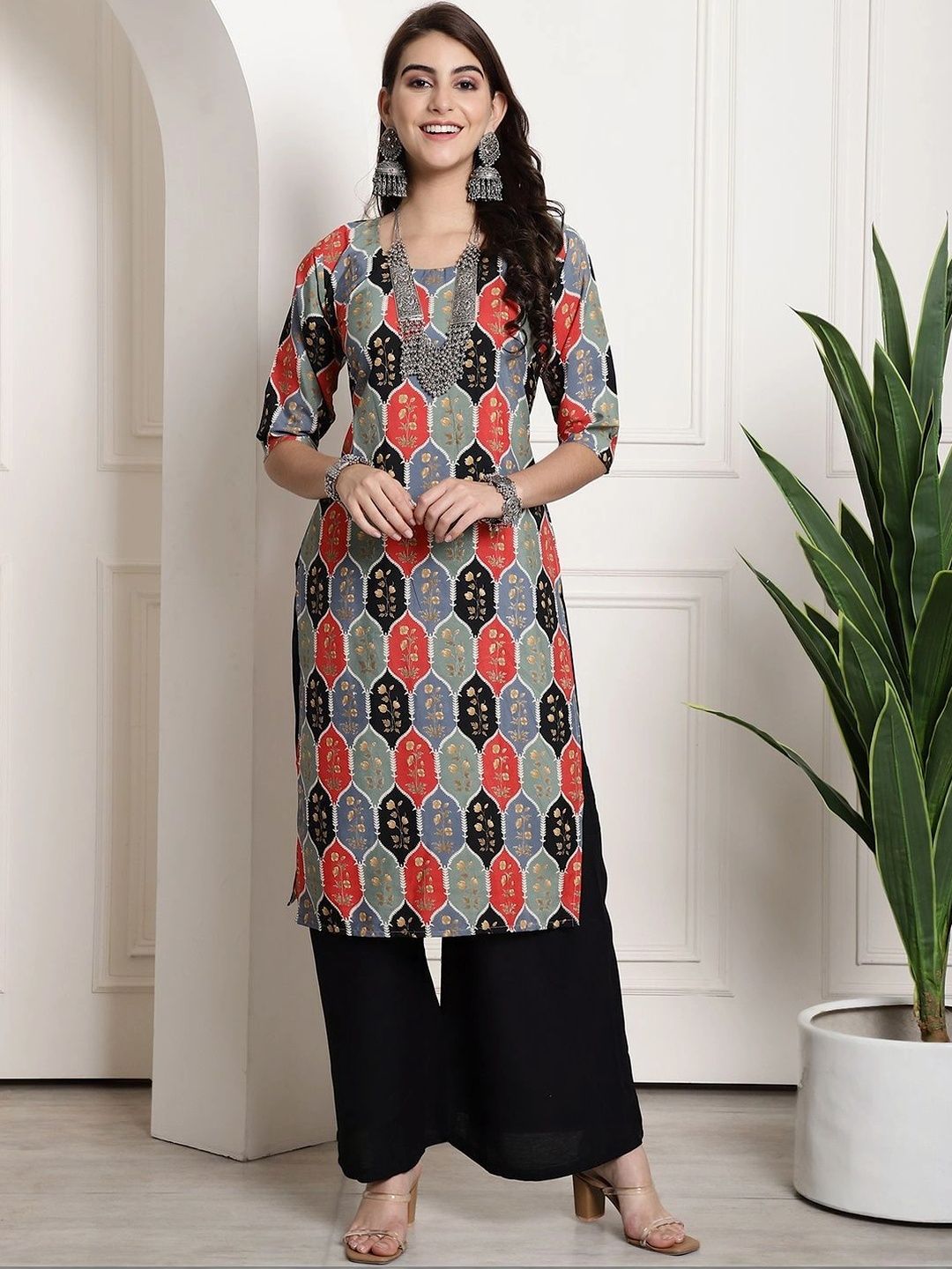 HERE&NOW Women Ethnic Motifs Printed Indie Prints Crepe Kurta-picture-54