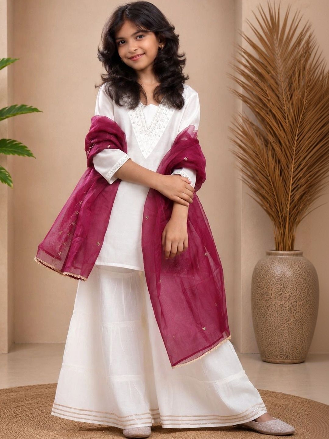 KALINI Girls Ethnic Motifs Embroidered Regular Thread Work Pure Silk Kurta with Sharara & With Dupatta-picture-36