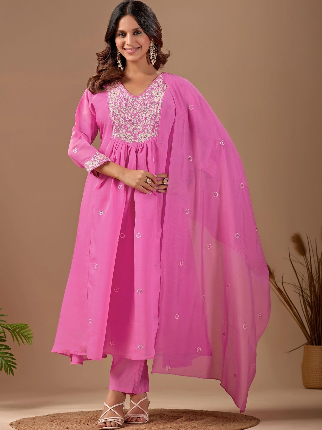 MANVAA Women Ethnic Motifs Embroidered Empire Thread Work Chanderi Cotton Kurta with Trousers & With Dupatta-picture-27