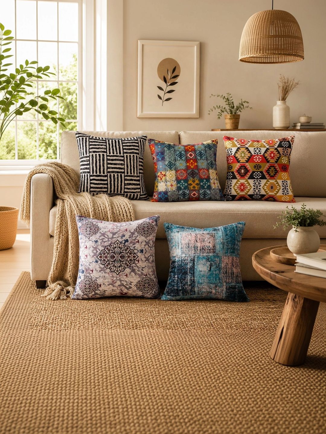 HANDICRAFT PALACE Blue & Black Set of 5 Ethnic Motifs Velvet Square Cushion Covers-picture-44
