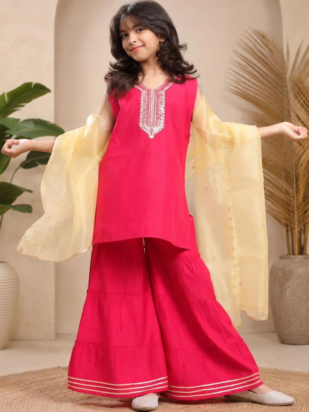 KALINI Girls Ethnic Motifs Embroidered Regular Thread Work Pure Silk Kurta with Sharara & With Dupatta-picture-32