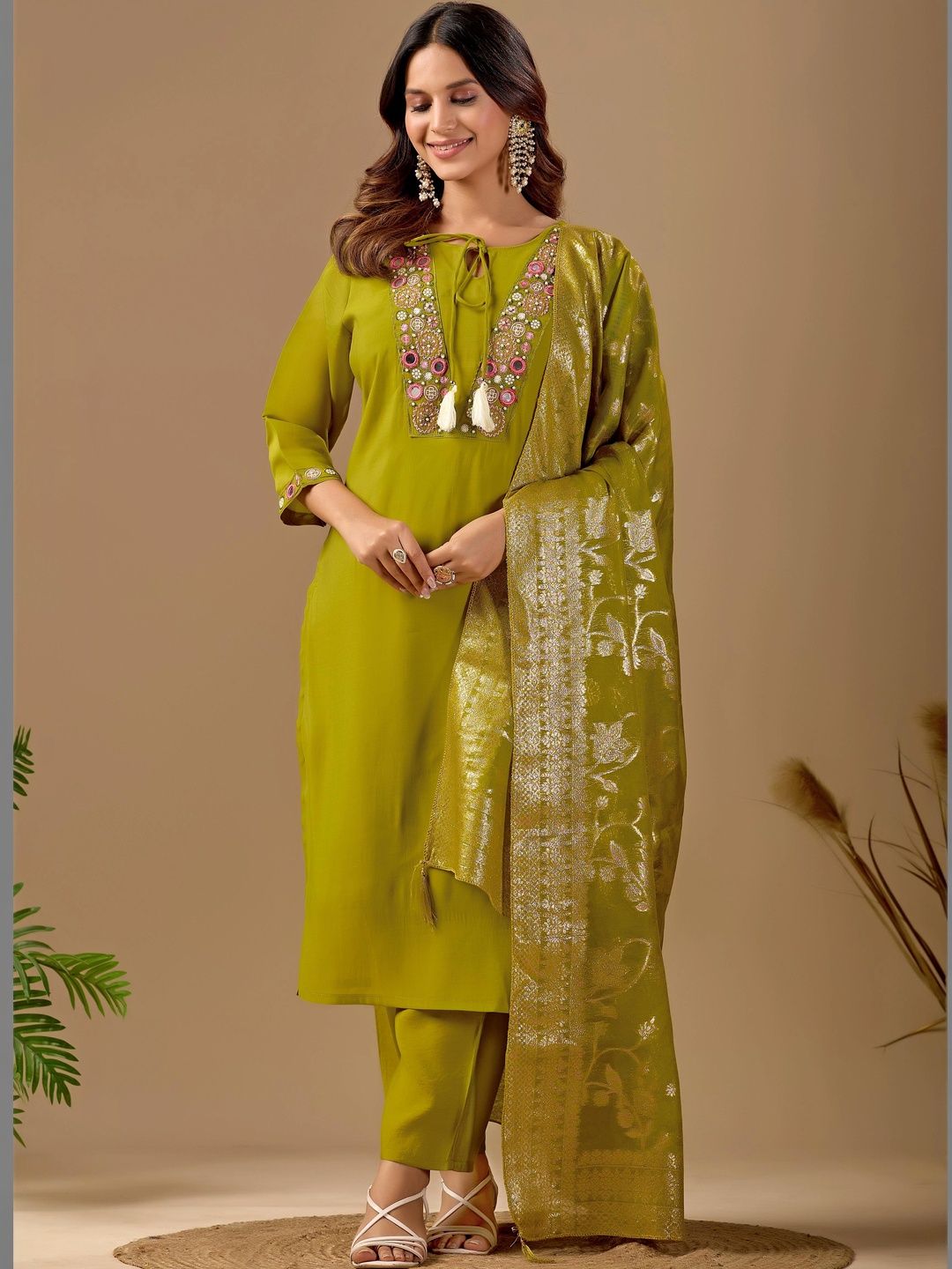 MANVAA Women Floral Embroidered Regular Thread Work Chanderi Cotton Kurta with Trousers & With Dupatta-picture-21
