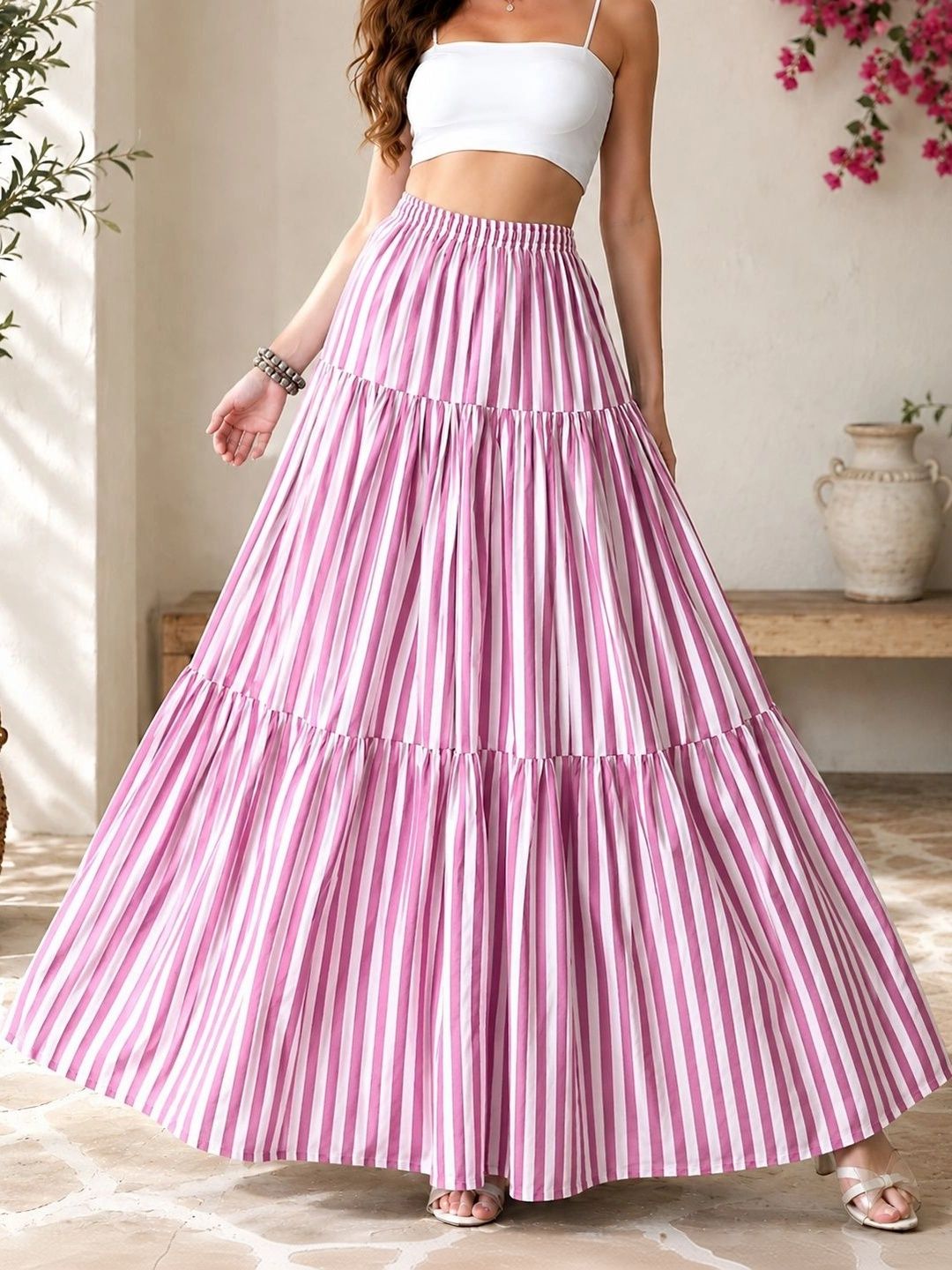 PTVIZE Women Crepe Striped Tiered Maxi Tiered Skirt-picture-16