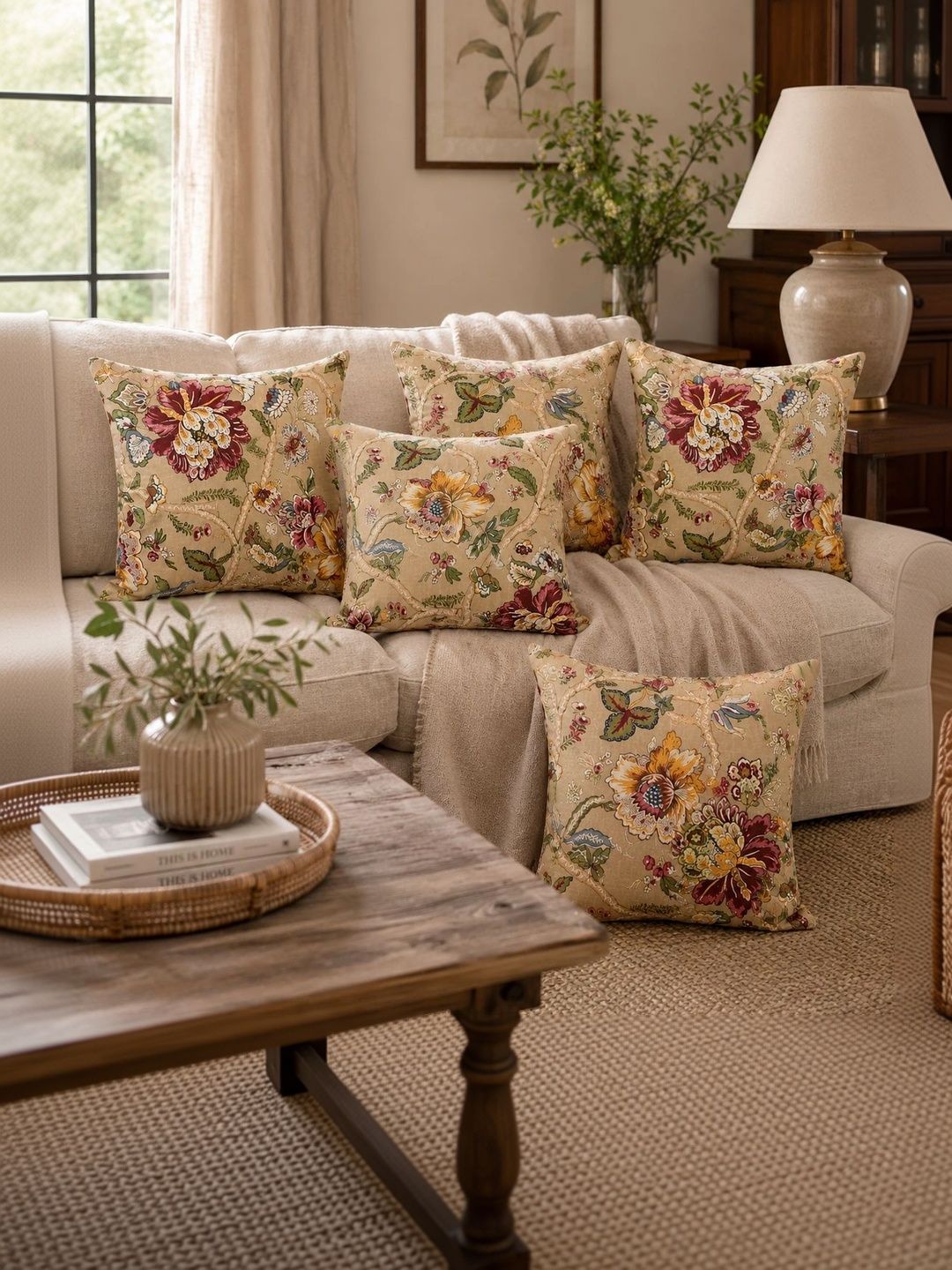Myntra Elegant Homes Beige Set of 5 Floral Square Cushion Covers-image-32