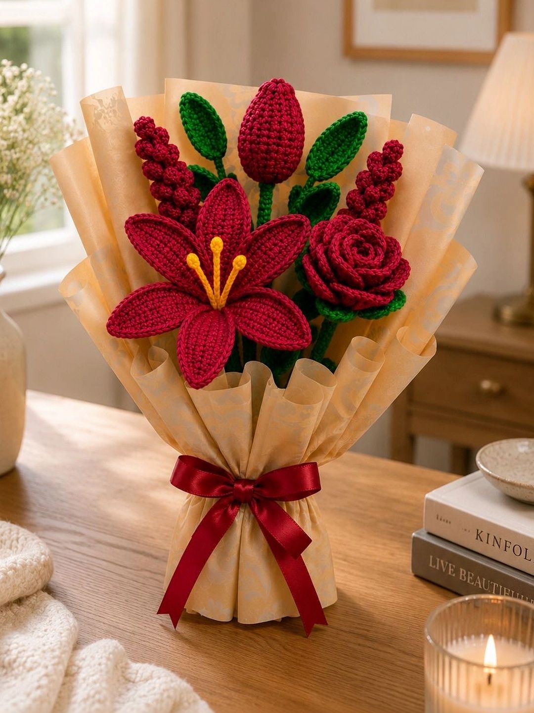 Agantuk Maroon 5 Pieces Rose Artificial Flower-picture-13