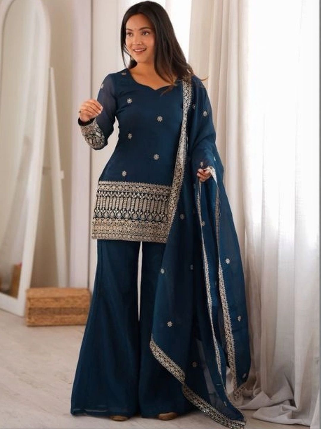 HERE&NOW Women Ethnic Motifs Embroidered Regular Thread Work Kurta with Sharara & With Dupatta-picture-42