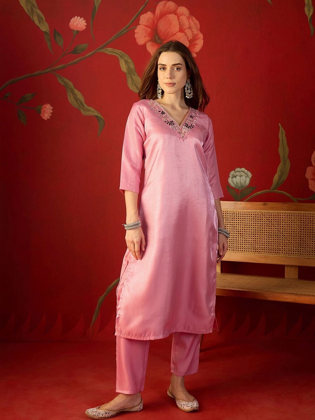HERE&NOW Women Ethnic Motifs Embroidered Regular Thread Work Linen Kurta with Trousers & With Dupatta-picture-37