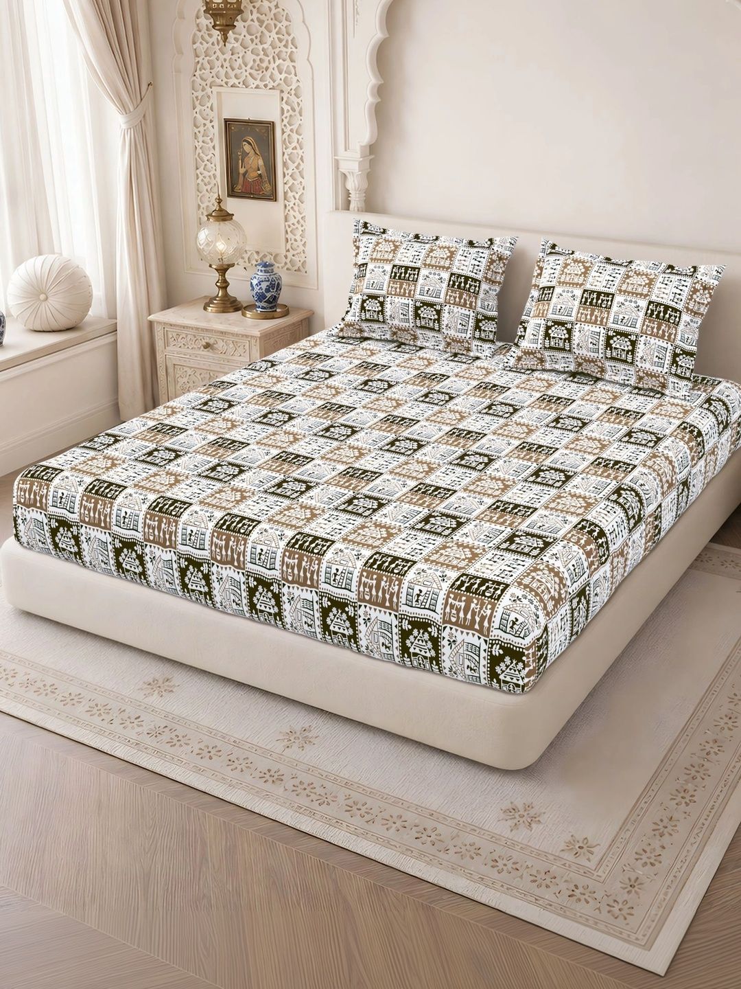Homeful Style Brown & White 160 TC Queen Bedsheet with 2 Pillow Covers-picture-31