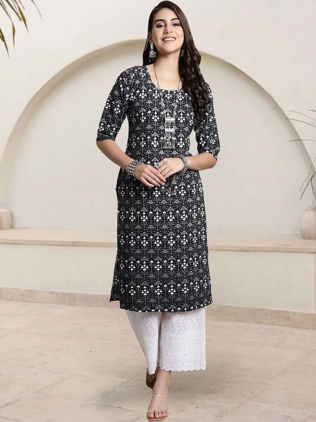 HERE&NOW Women Ethnic Motifs Printed Indie Prints Crepe Kurta-picture-29
