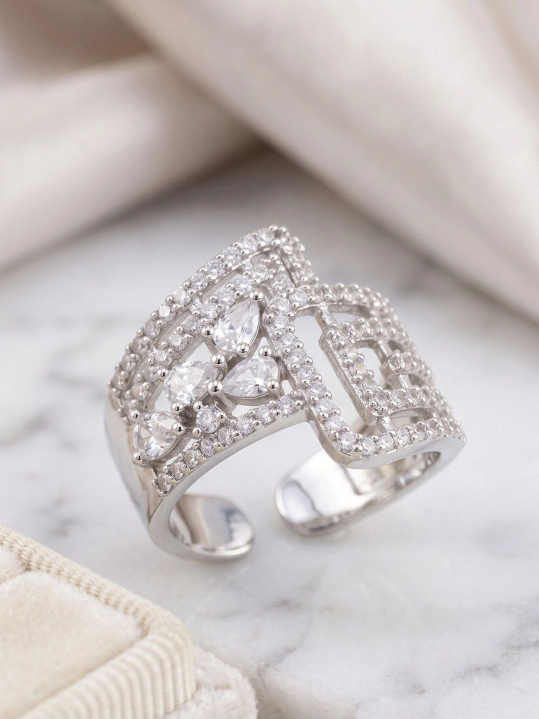 Mekkna Women Rhodium-Plated American Diamond Finger Ring-picture-15