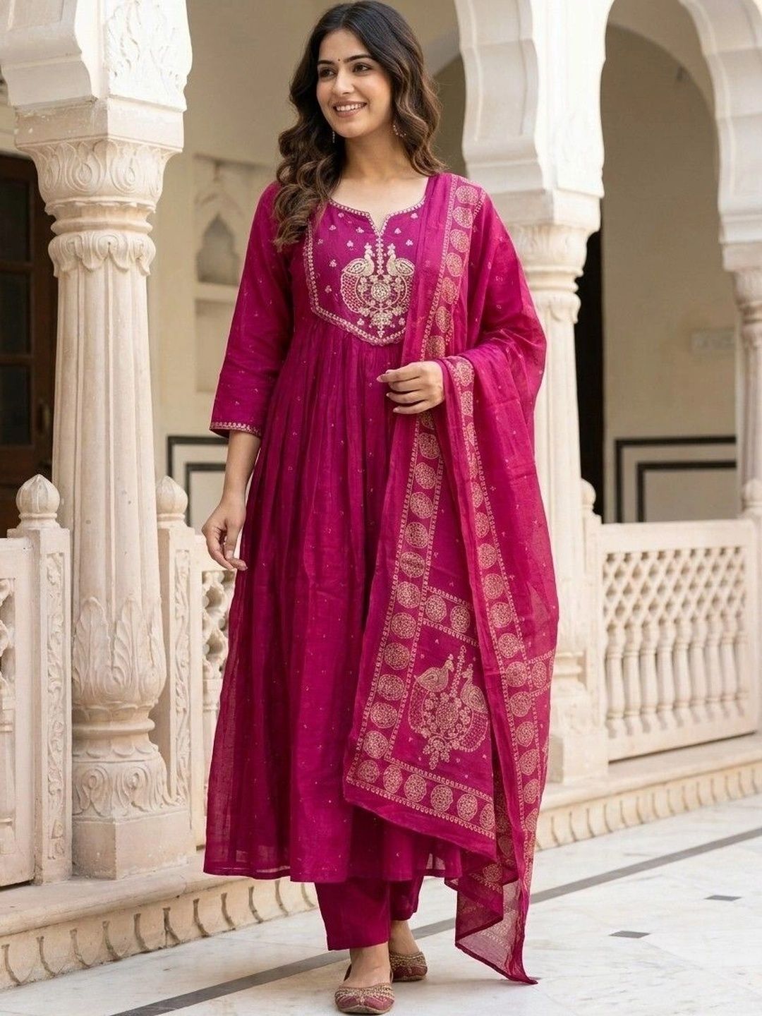 HERE&NOW Women Ethnic Motifs Embroidered Regular Kurta with Trousers & With Dupatta-picture-22