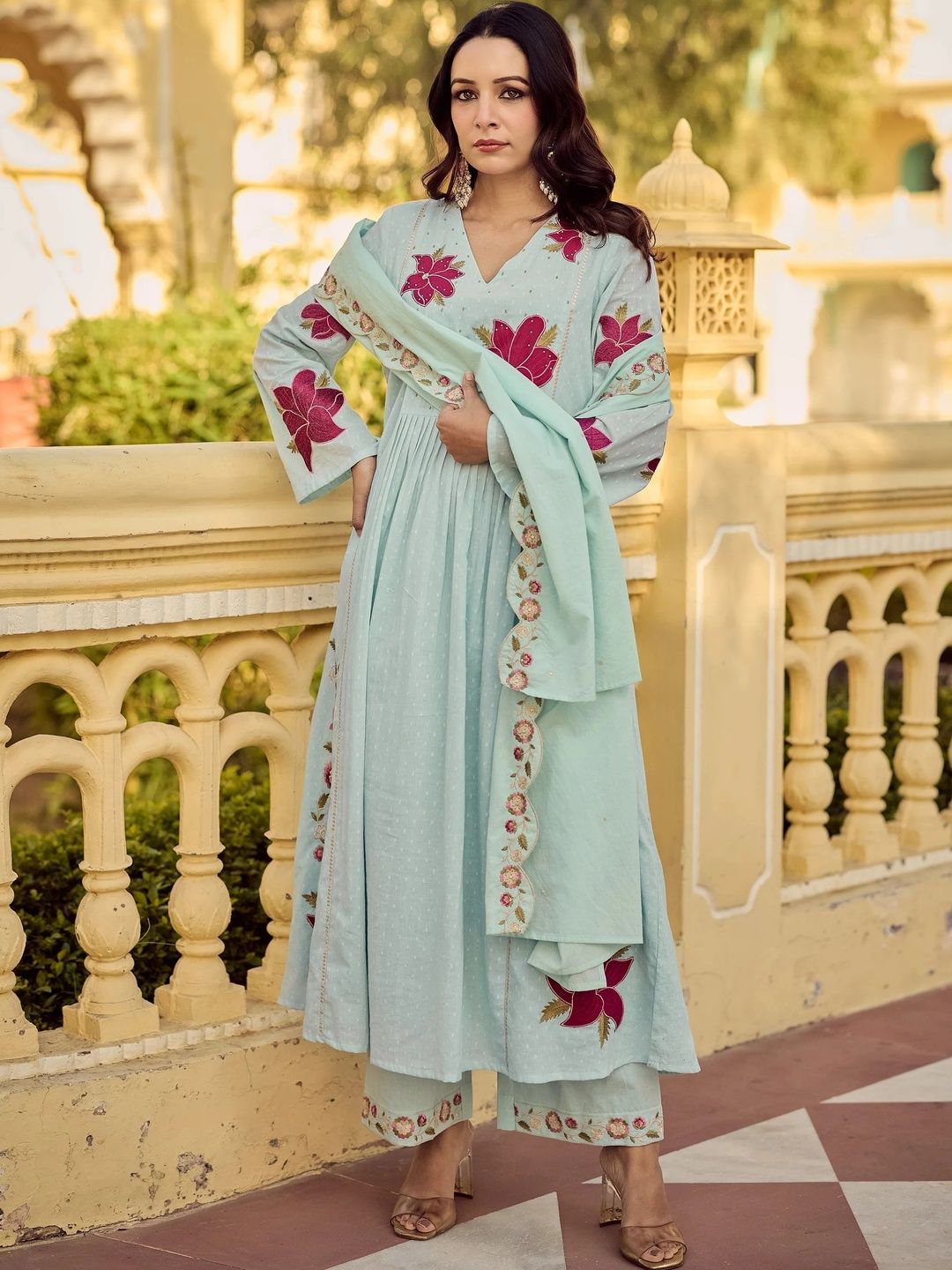 IKKIS Women Floral Embroidered Angrakha Thread Work Kurta with Palazzos & With Dupatta-picture-32