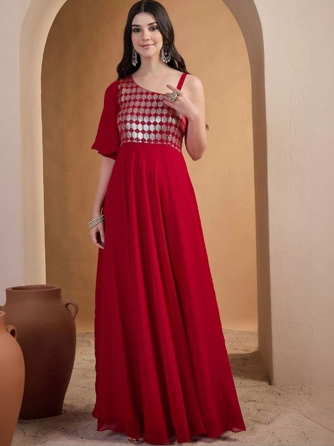 all about you Embellished One Shoulder A-Line Ethnic Dresses-image-12