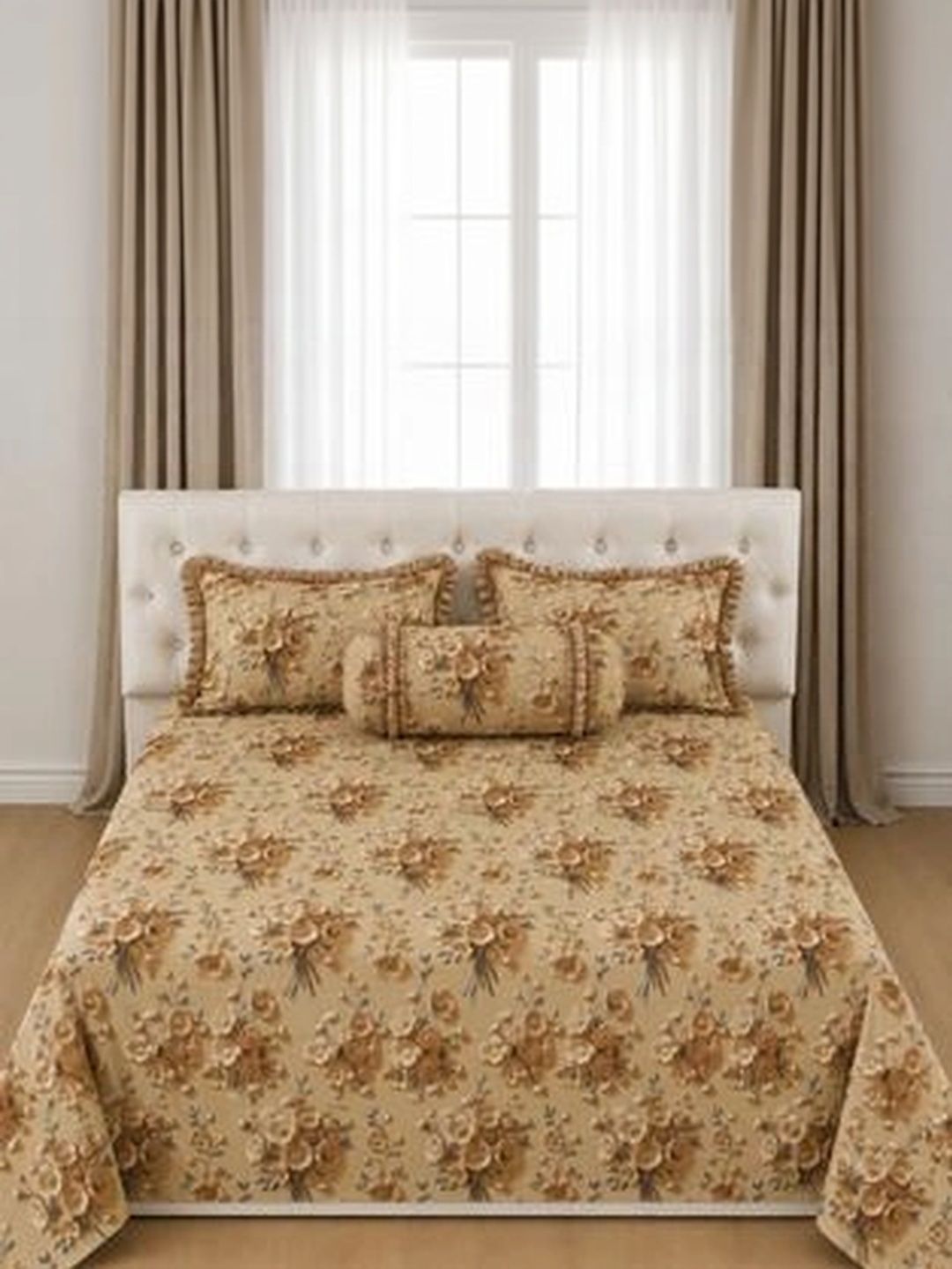 Luxmi Cotton Fabrics Brown & Brown Floral 210 TC Bedsheet with 2 Pillow Covers-picture-28