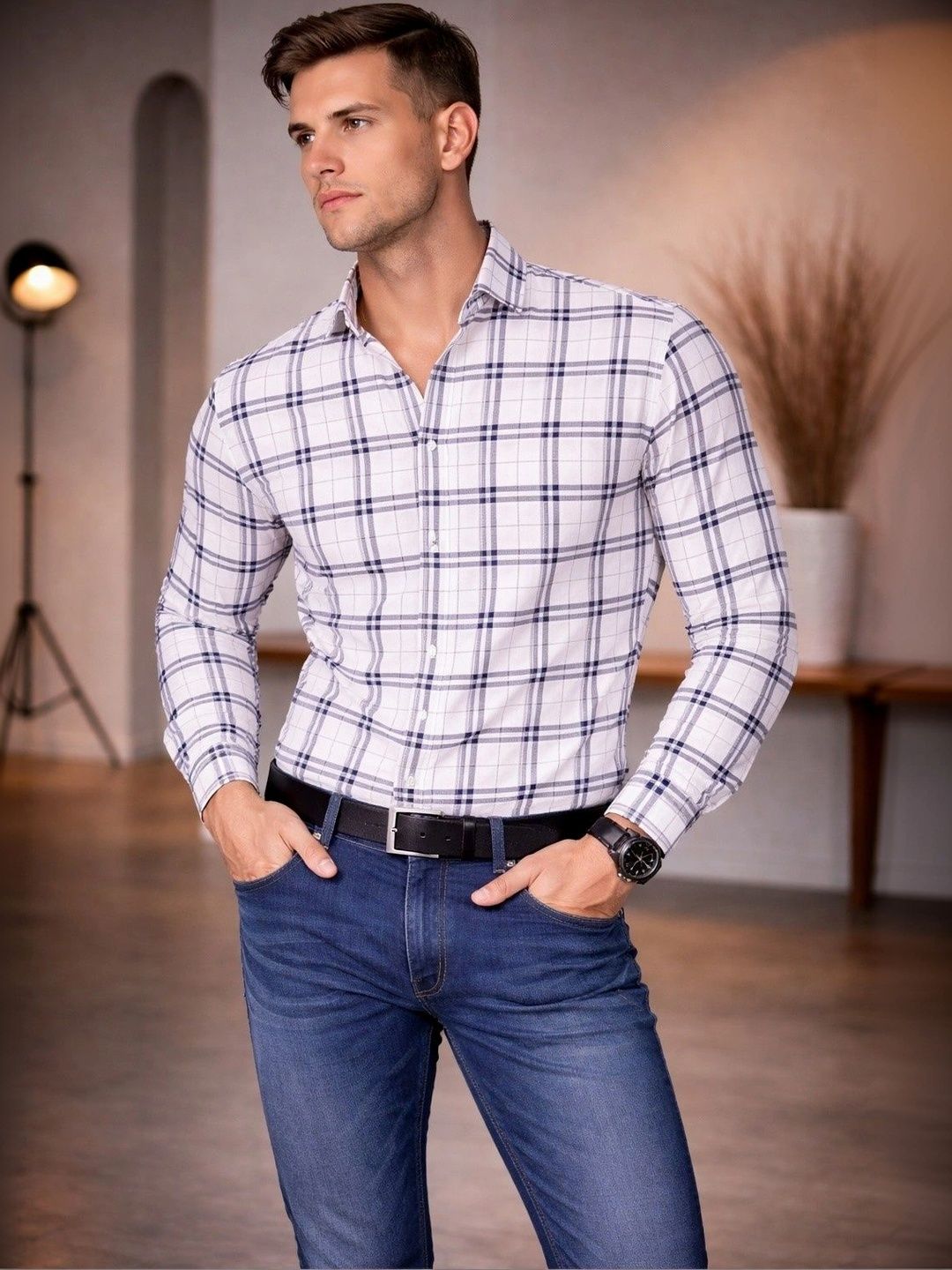 Studio-9 Men Classic Slim Fit Gingham Checks Checked Casual Shirt-picture-13