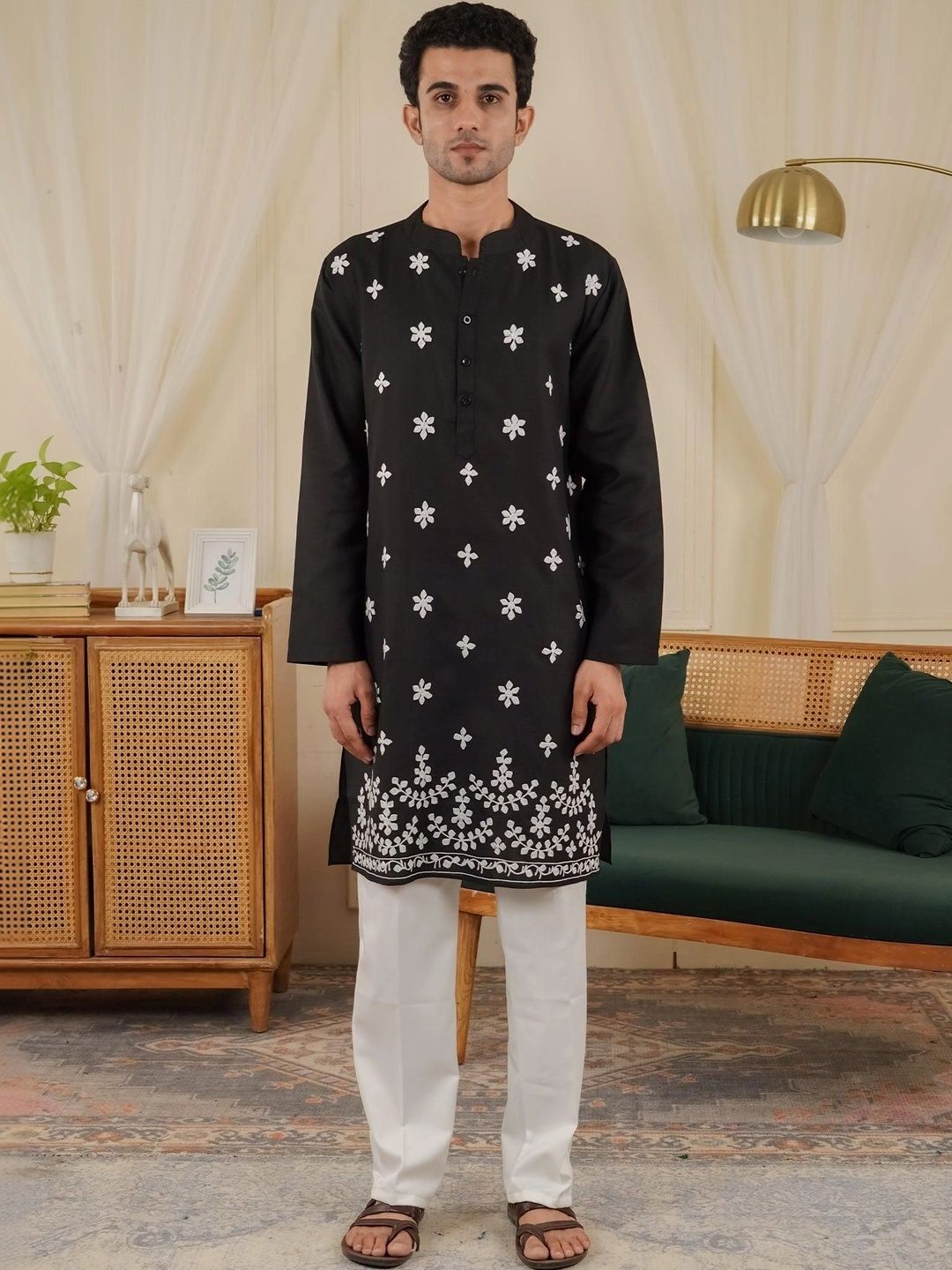HOUSE OF KARI Men Floral Embroidered Chikankari Kurta-picture-43