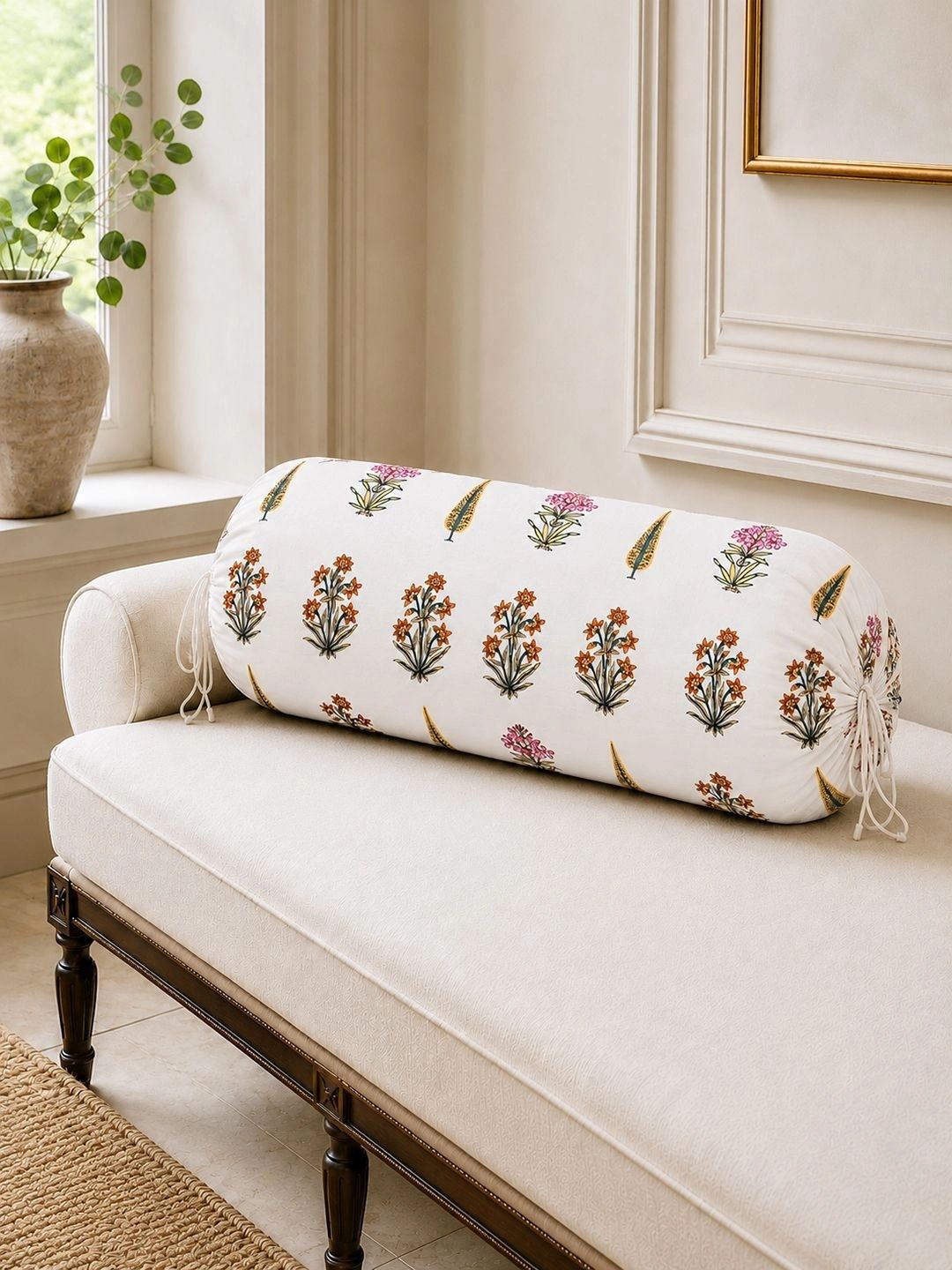 Aura 2-Pcs White & Green Printed Pure Cotton Bolster Covers-image-47