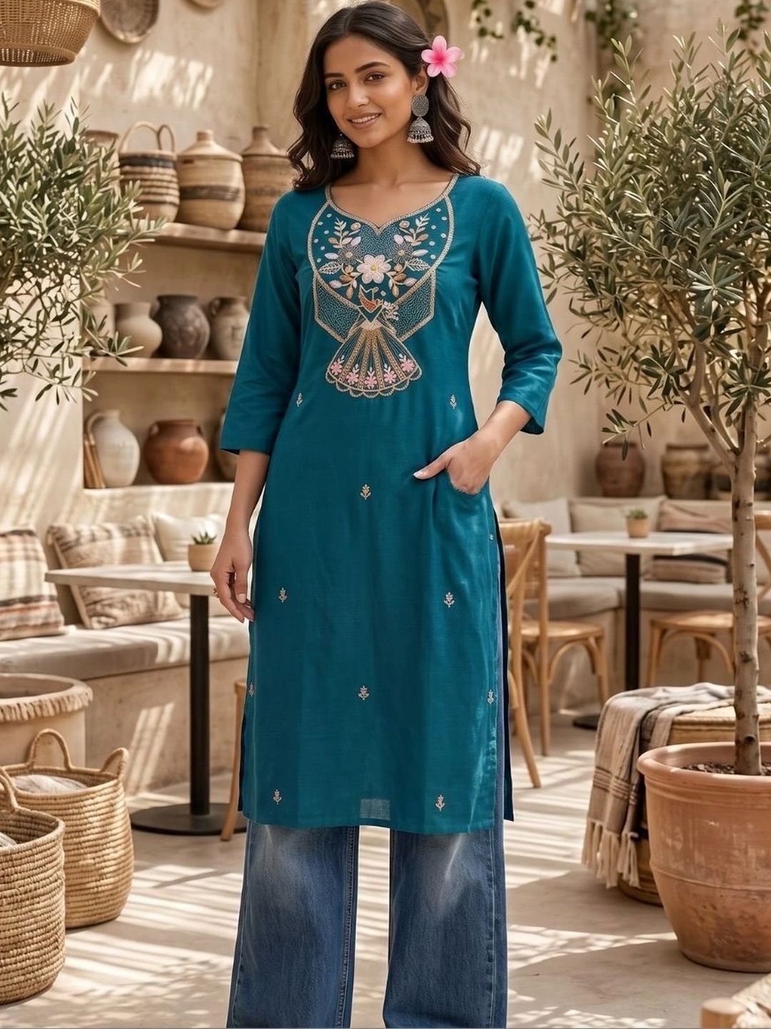 MYTHDRIP Ethnic Motifs Embroidered Thread Work Pure Cotton Thread Work Kurti-picture-36