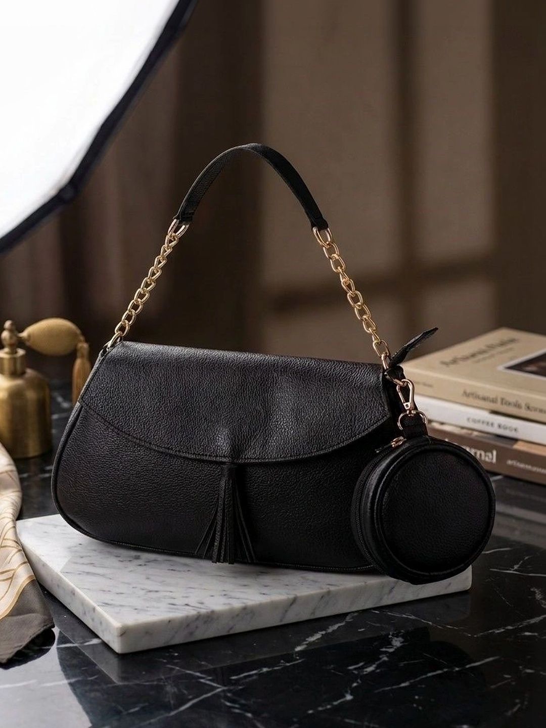 Inaxa Textured PU Shoulder Bag with Tasselled-image-5