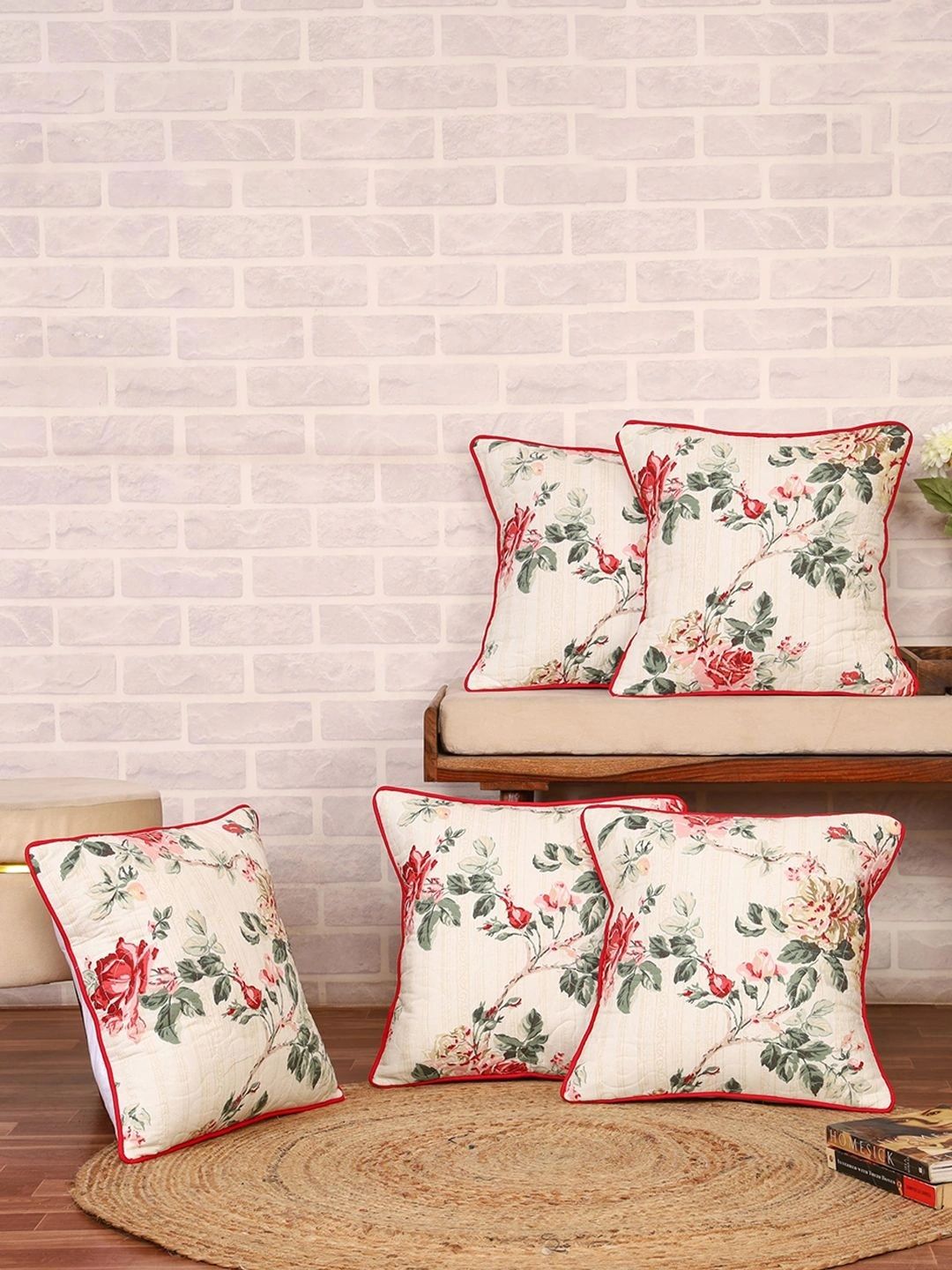 Aura Cream-Coloured & Red Set of 5 Floral Square Cushion Covers-image-18