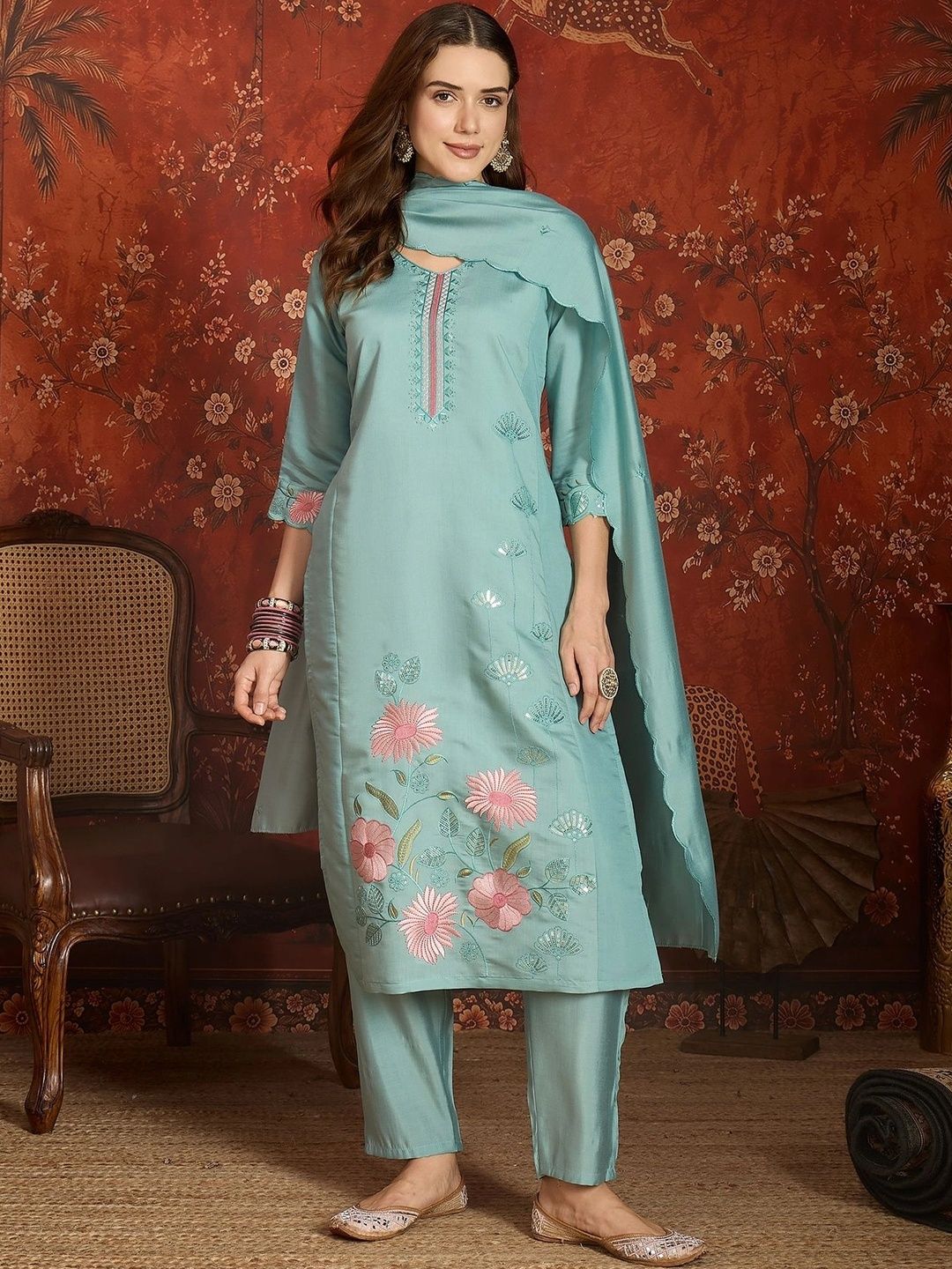 MANVAA Women Floral Embroidered Regular Thread Work Kurta with Trousers & With Dupatta-picture-5