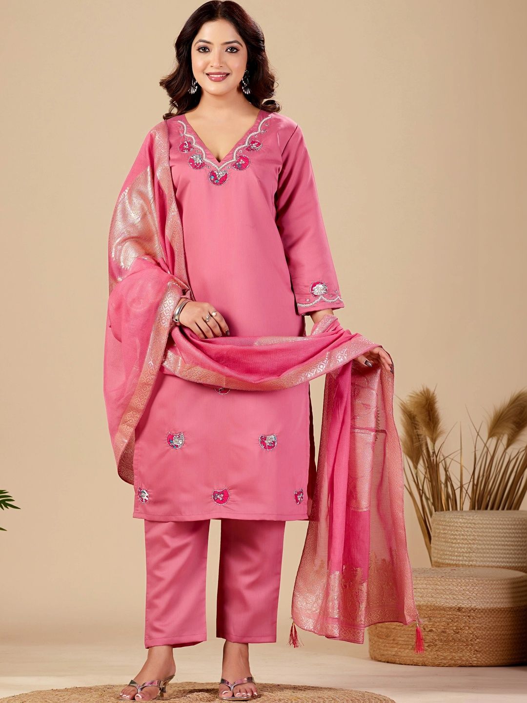 MANVAA Women Ethnic Motifs Embroidered Regular Thread Work Kurta with Trousers & With Dupatta-picture-49