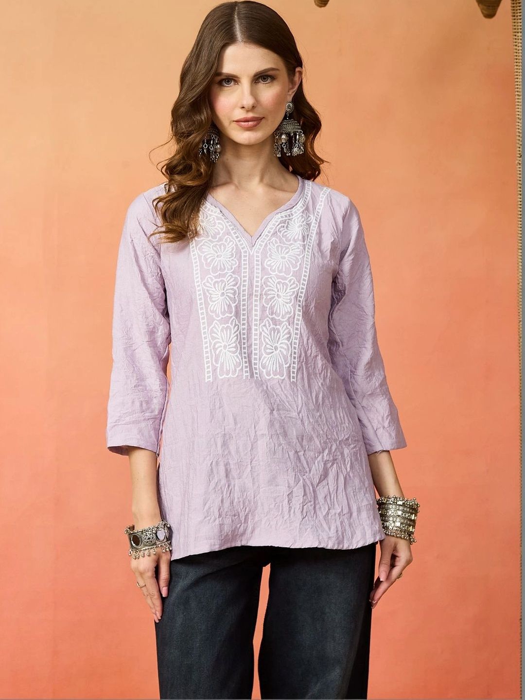 Anouk Ethnic Motifs Embroidered V-Neck Thread Work Pure Cotton Thread Work Kurti-picture-19