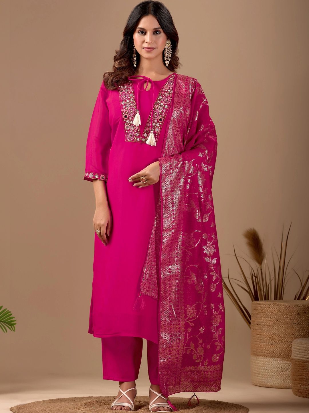 MANVAA Women Ethnic Motifs Embroidered Regular Thread Work Chanderi Cotton Kurta with Trousers & With Dupatta-picture-34