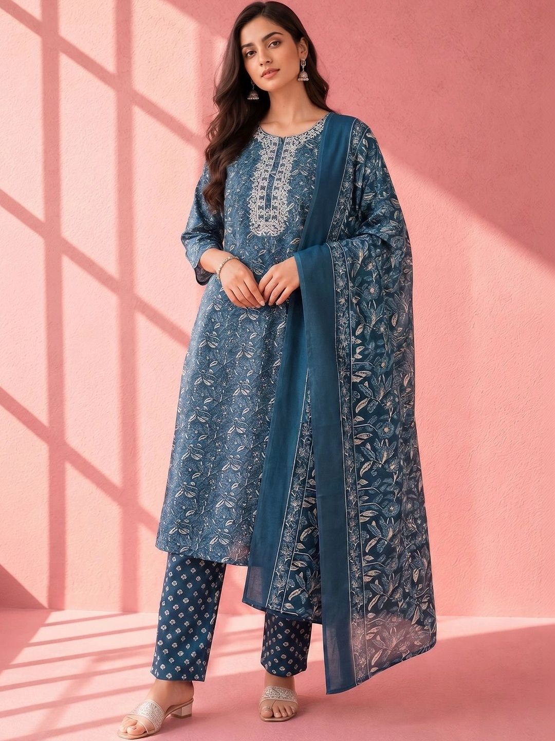 Anouk Women Floral Printed Regular Thread Work Pure Cotton Kurta with Trousers & With Dupatta-picture-30