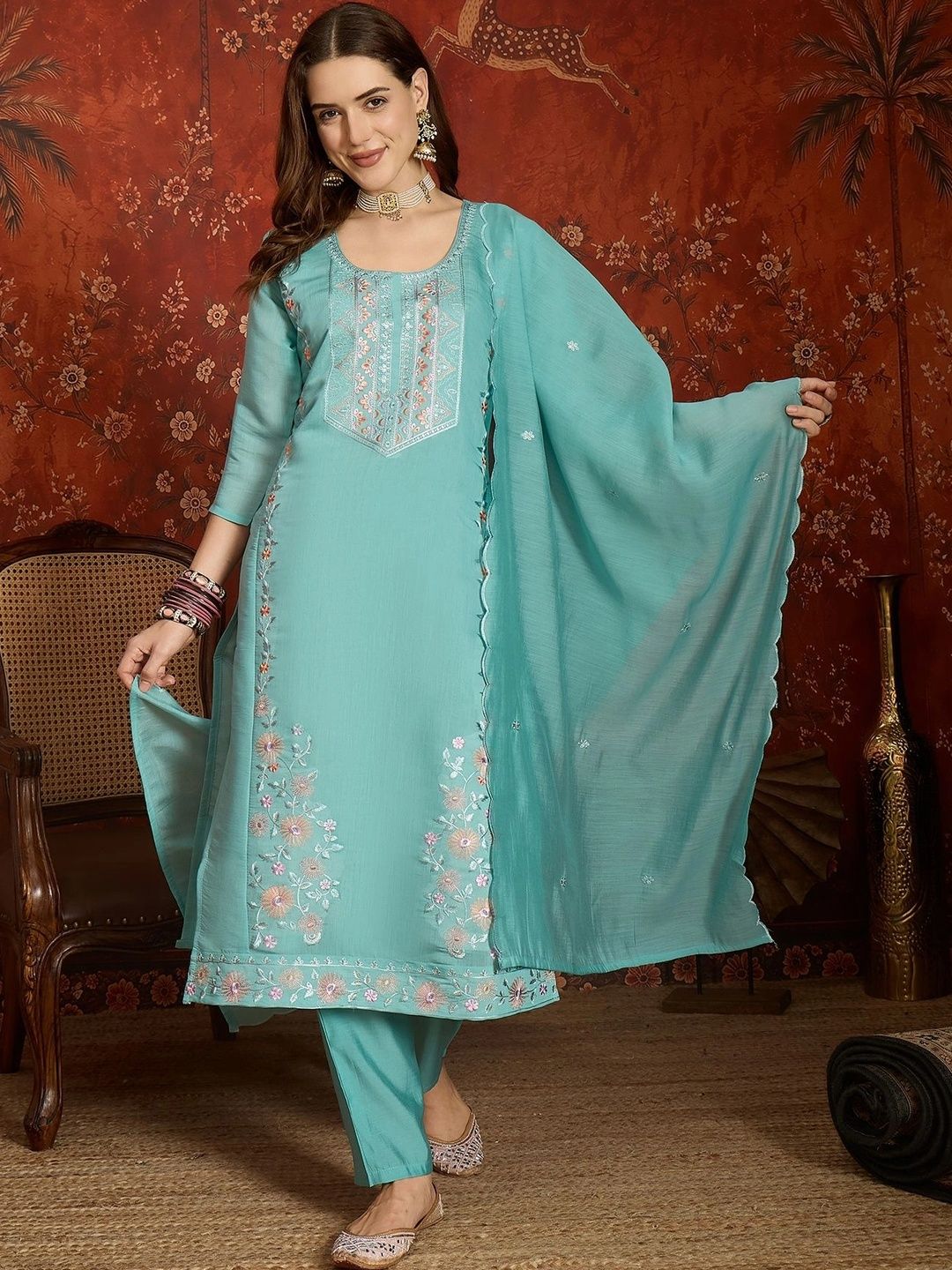 MANVAA Women Floral Embroidered Regular Thread Work Chanderi Cotton Kurta with Trousers & With Dupatta-picture-6
