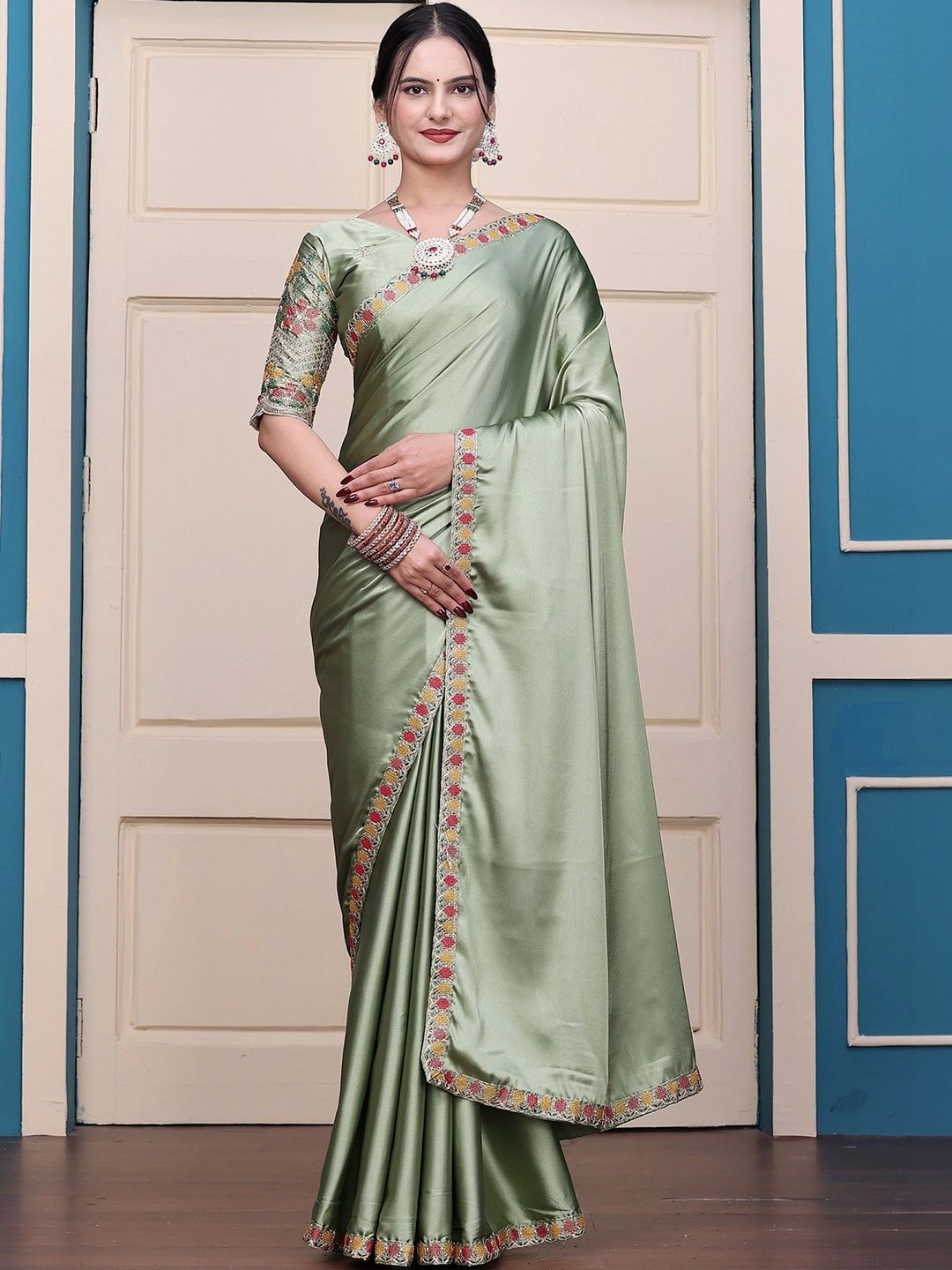 Mitera Floral Embroidered Satin Designer Saree-image-43
