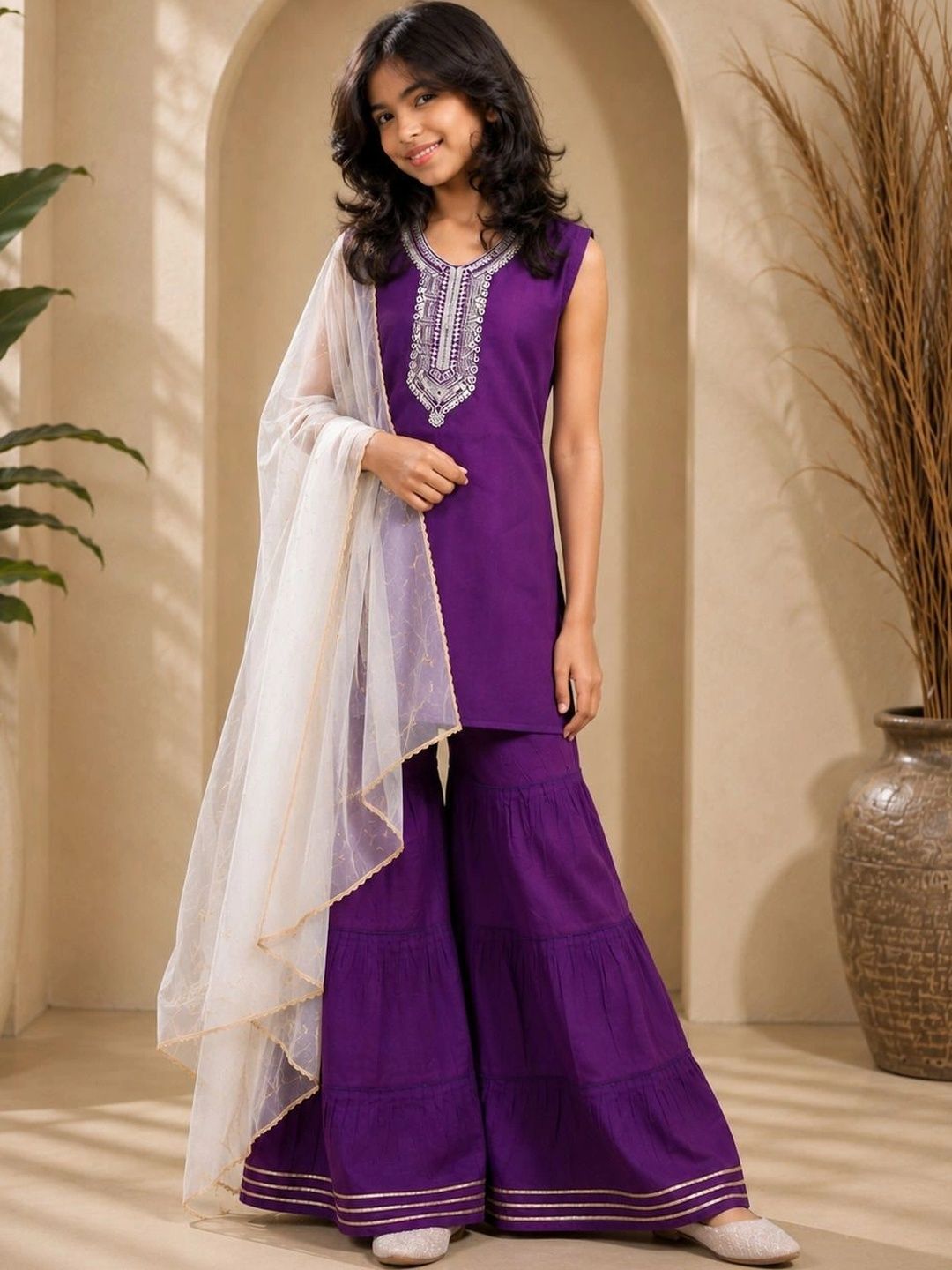 KALINI Girls Ethnic Motifs Embroidered Regular Thread Work Pure Silk Kurta with Sharara & With Dupatta-picture-34
