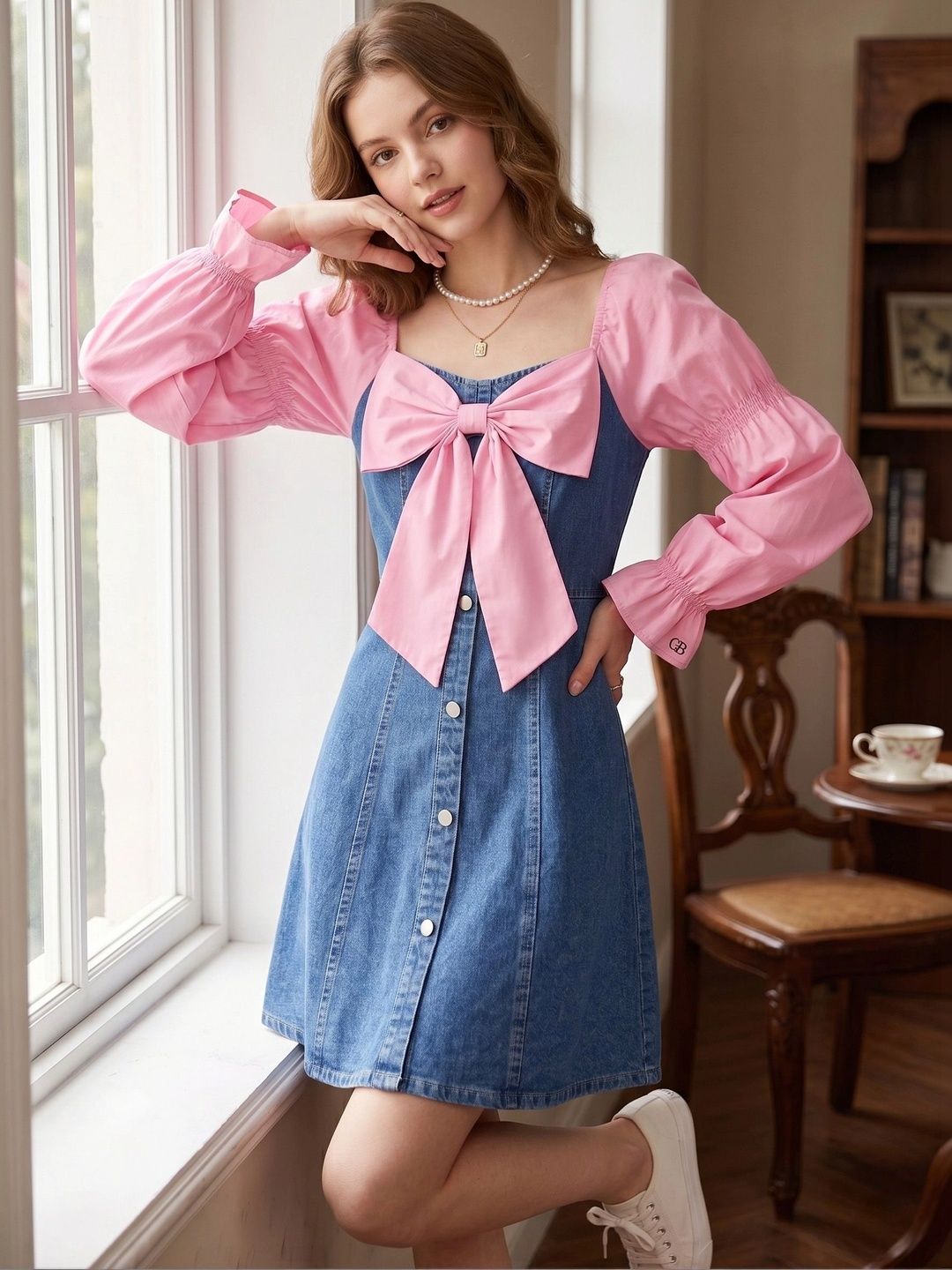 TIROMI Puff Sleeve Denim A-Line Dress-image-22